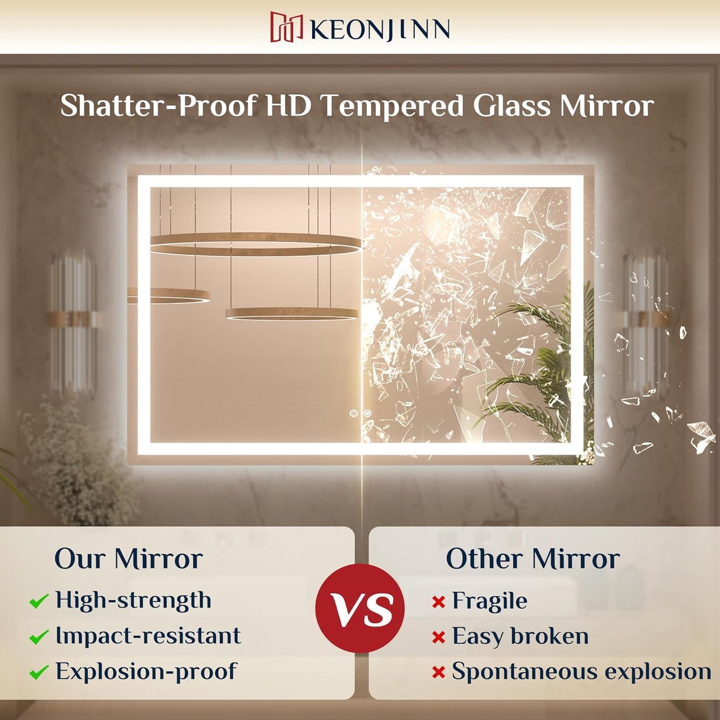 Keonjinn 42 x 36 Inch LED Bathroom Mirror with Lights, Bighter Frontlit & Backlit Vanity Mirror with Stepless Dimmable 3-Color, Anti-Fog Mirror for Wall, HD Tempered Glass, Memory Founction, CR90+