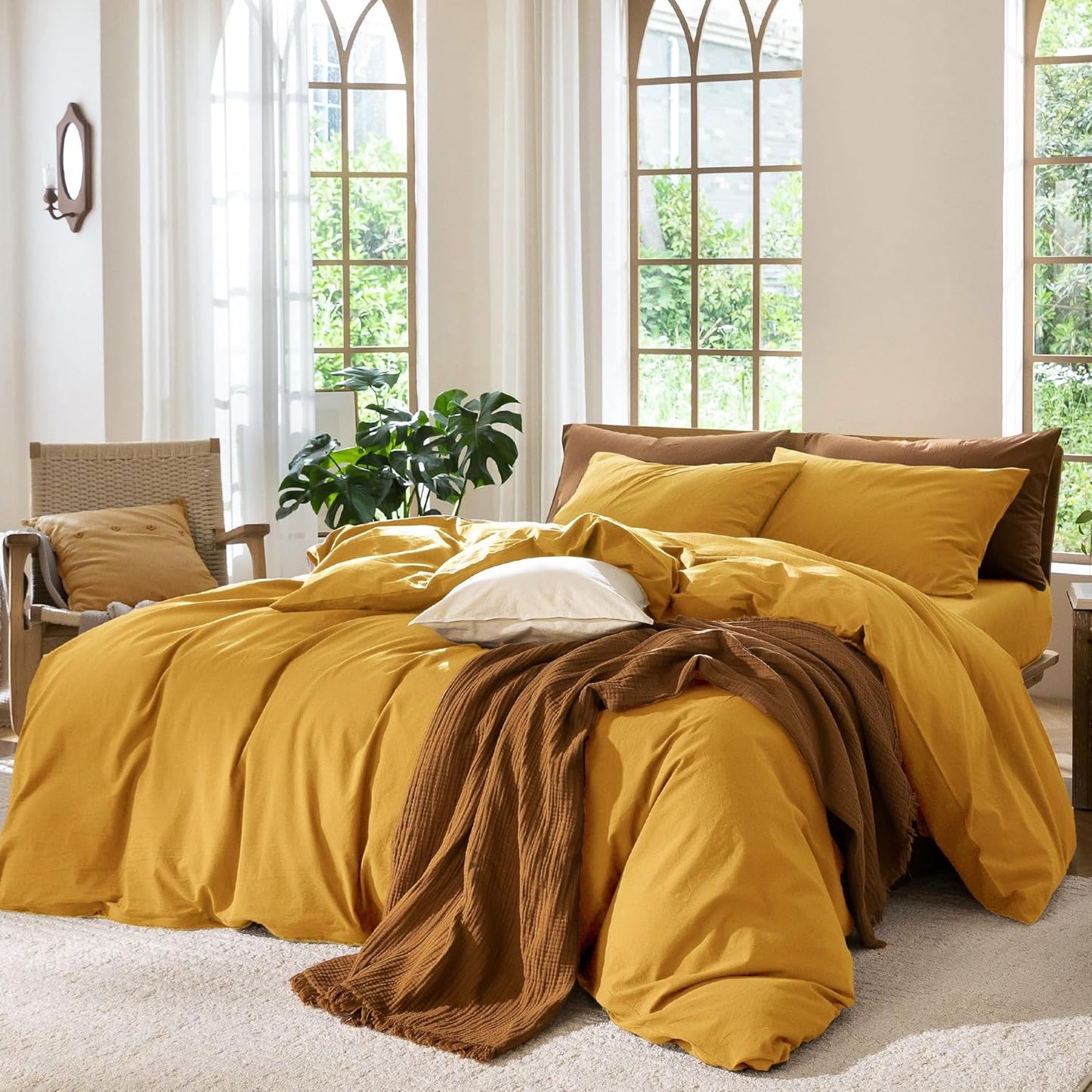 MooMee Bedding Duvet Cover Set 100% Washed Cotton Linen Like Textured Breathable Durable Soft Comfy (Solid Yellow, Twin 68"x90")