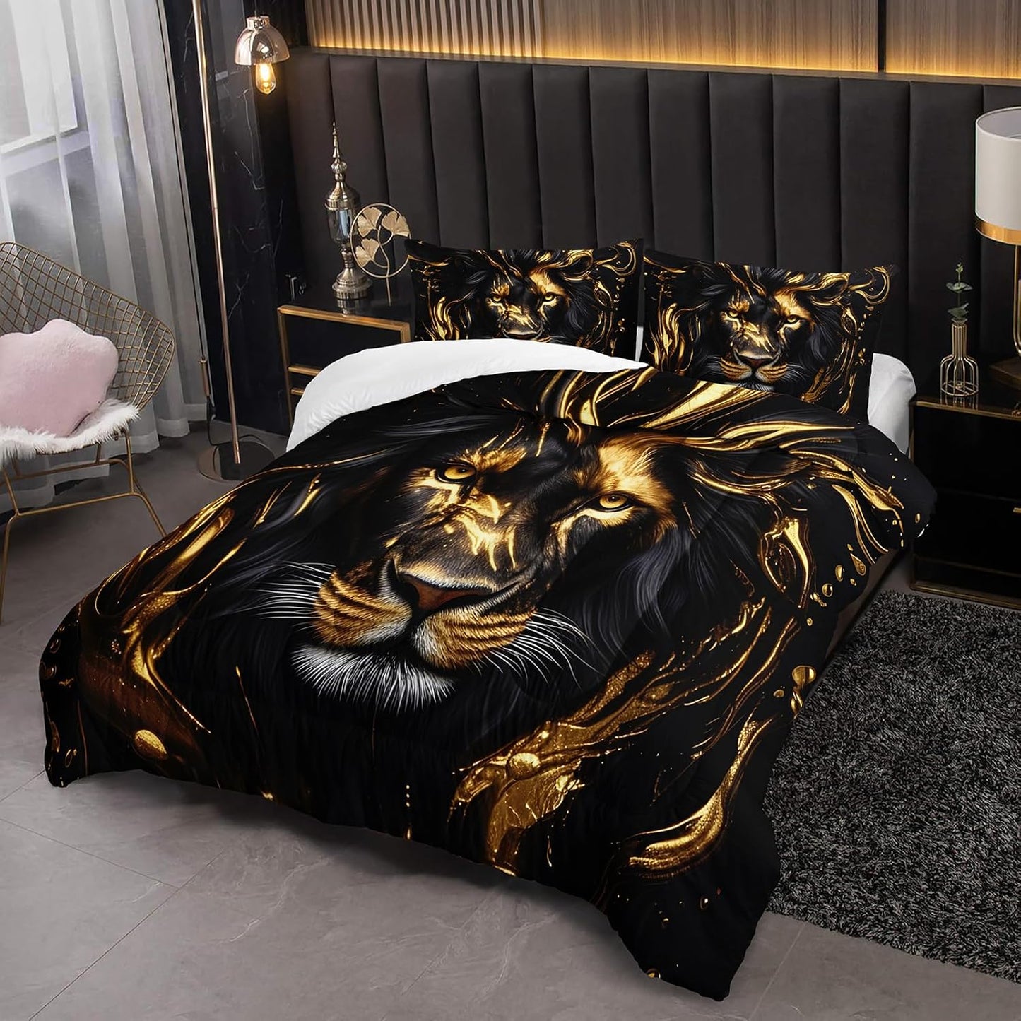 Black & Gold King Comforter Set Lion，Animal Print King Size Bedding，with 1 Comforter with 2 Pillow Case，Lion Themed Bedroom Decor for Boy Kids