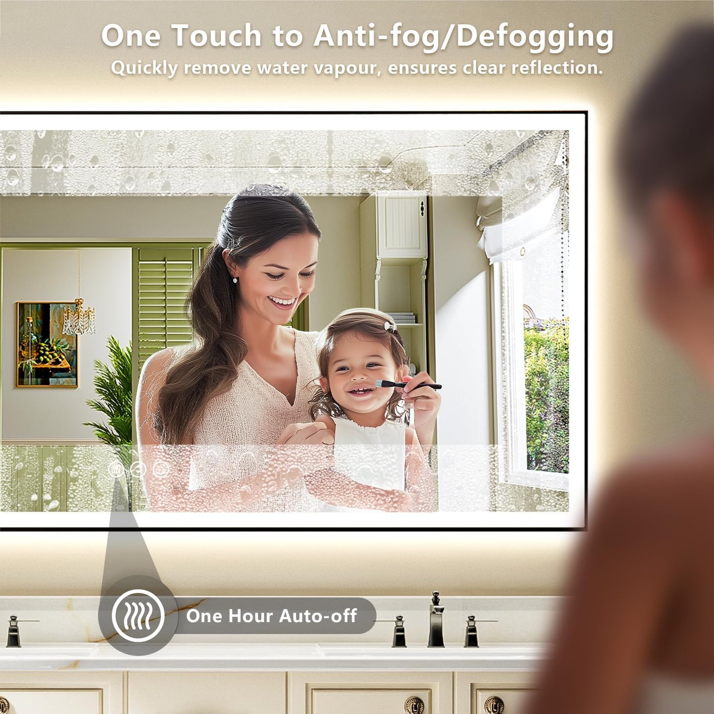 60x40 Inch LED Bathroom Mirror with Lights (Front Lit and Backlit) Black Framed Lighted Vanity Mirror for Bathroom Wall Dimmable Anti-Fog Memory Tempered Glass Horizontal/Vertical