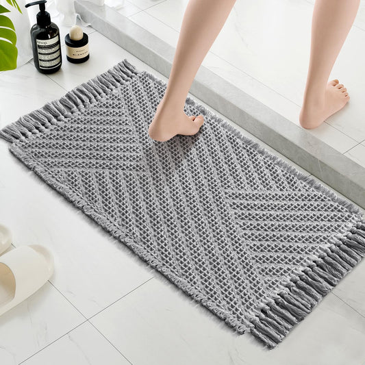 H.VERSAILTEX Waffle Bath Mat Super Absorbent Boho Bath Mat Non Slip Bath Rugs for Bathroom Floor Machine Washable Dry Fast Bathroom Rugs with Tassels, 17" x 24", Dove