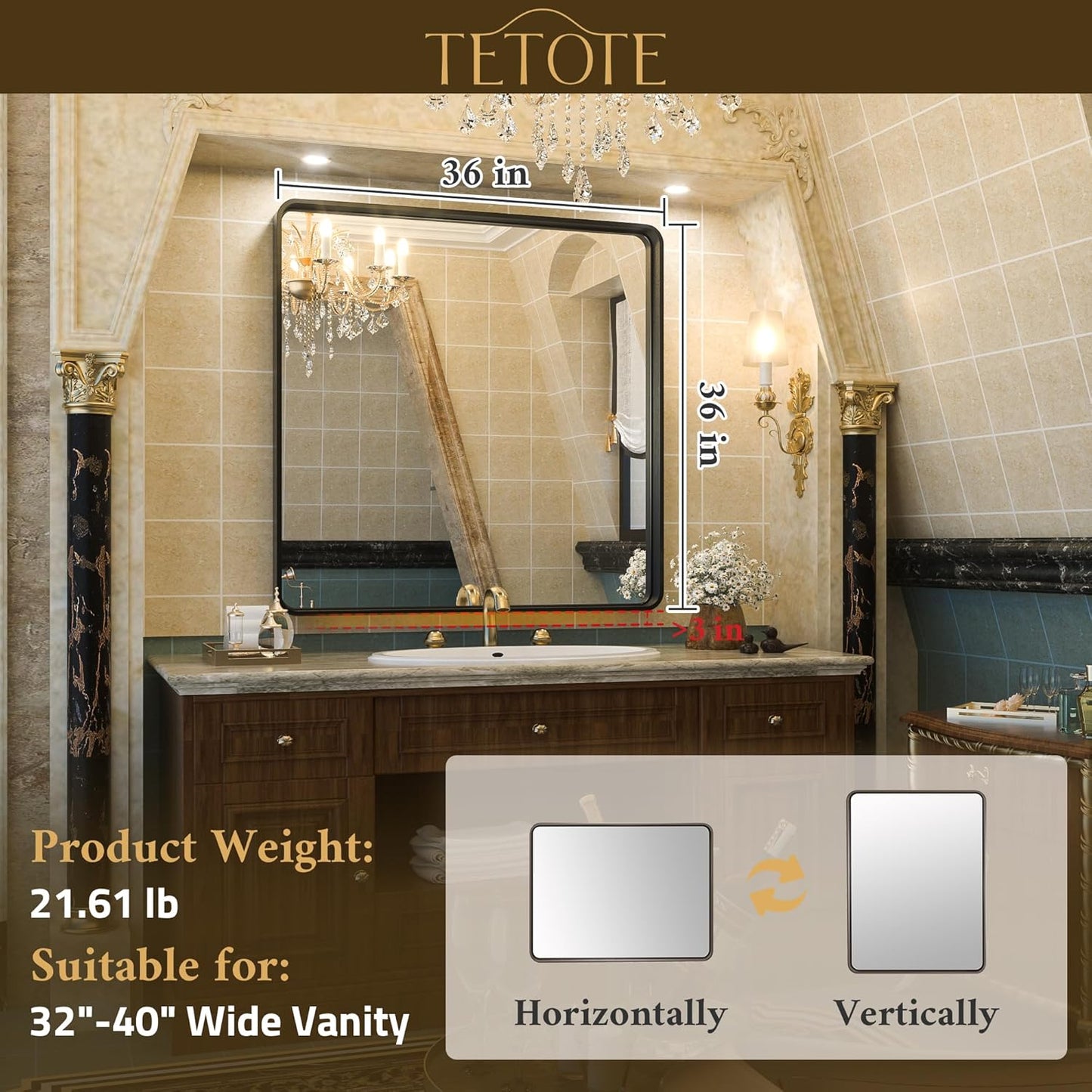 TETOTE Black Framed Mirrors for Bathroom, 36 x 36 Inch Modern Wall Mounted Square Matte Frame Decorative Vanity Mirror for Living Room Entryway
