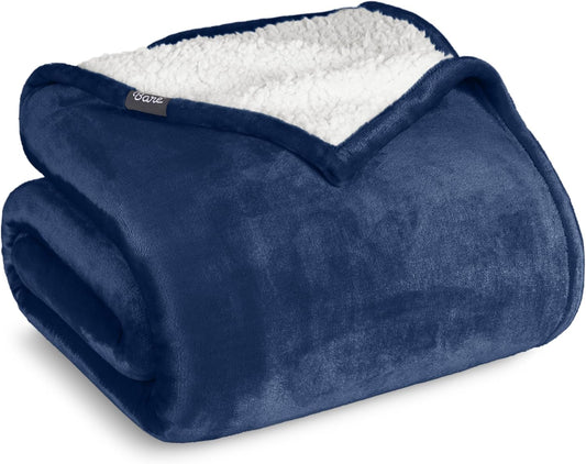 Bare Home Sherpa Fleece Blanket - King Size - Blanket for Bed, Sofa, and Couch - Warm & Lightweight - Fluffy & Soft - Reversible (King, Dark Blue)