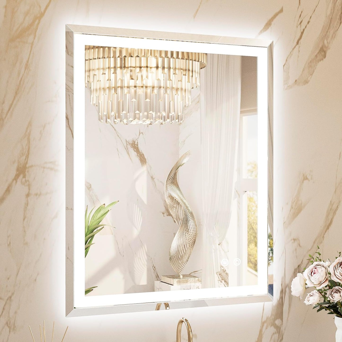 TETOTE Led Bathroom Mirror 30 x 36 Inch, Beveled Lighted Bathroom Vanity Frameless Mirror with Extra-Bright Lights, Frontlit & Backlit, Defogging, 3-Color Dimmable, Tempered Glass, Waterproof