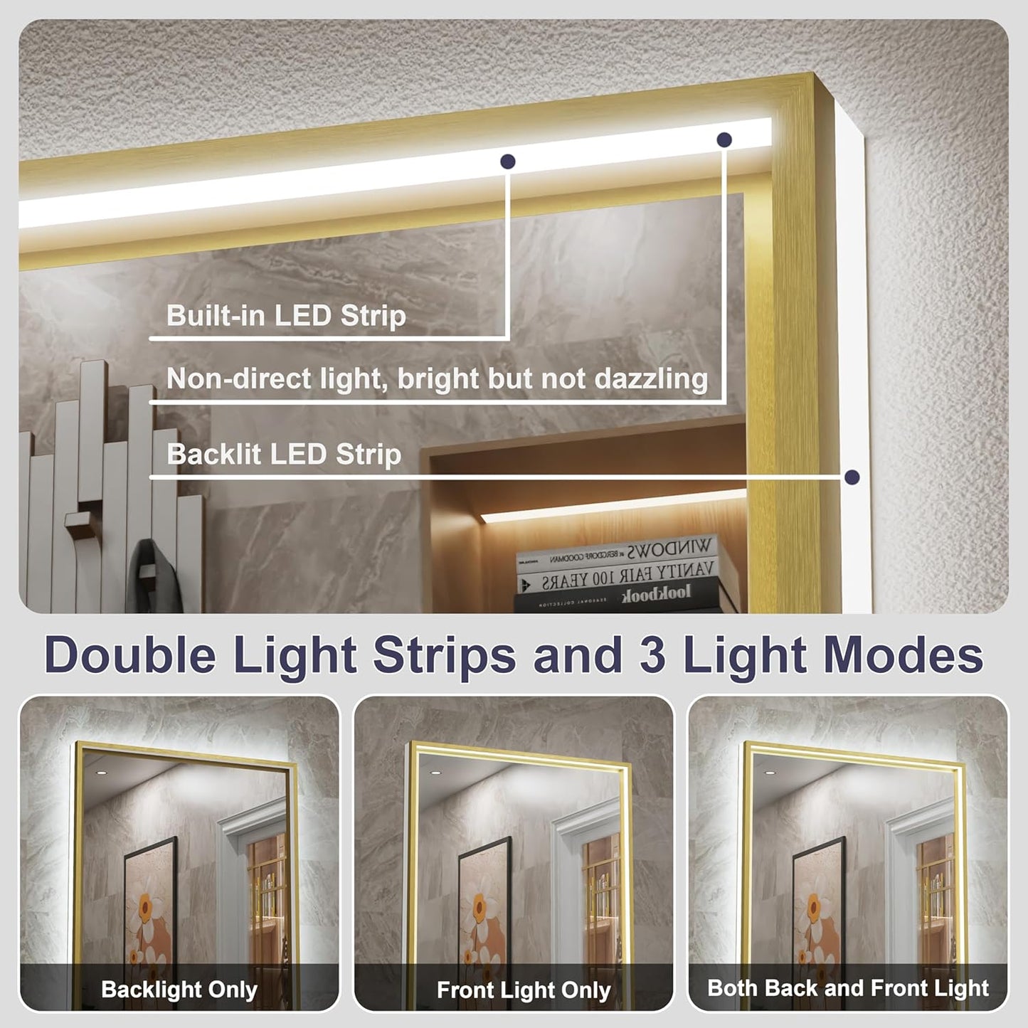 24x32 Inch Gold LED Bathroom Mirror with Front & Back Lights, Adjustable 3000K/4500K/6000K, Wall Mounted Framed Lighted Bathroom Vanity Mirror, Dimmable, Anti-Fog, Horizontal/Vertical