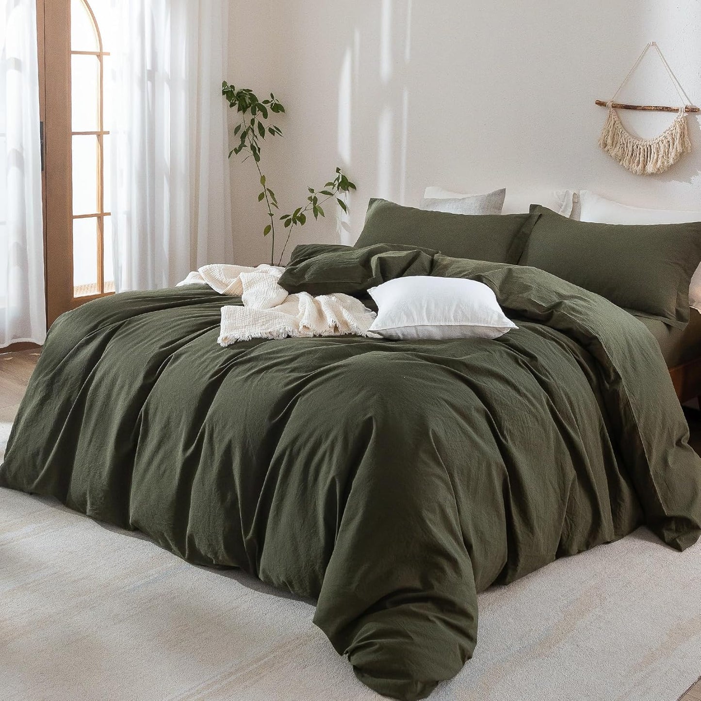 Olive Green Duvet Cover Super Queen Size, 100% Washed Cotton Bedding Set Cover 1 Duvet Cover 98inch x 90inch with Zipper Closure and 2 Pillowcases, Olive Green