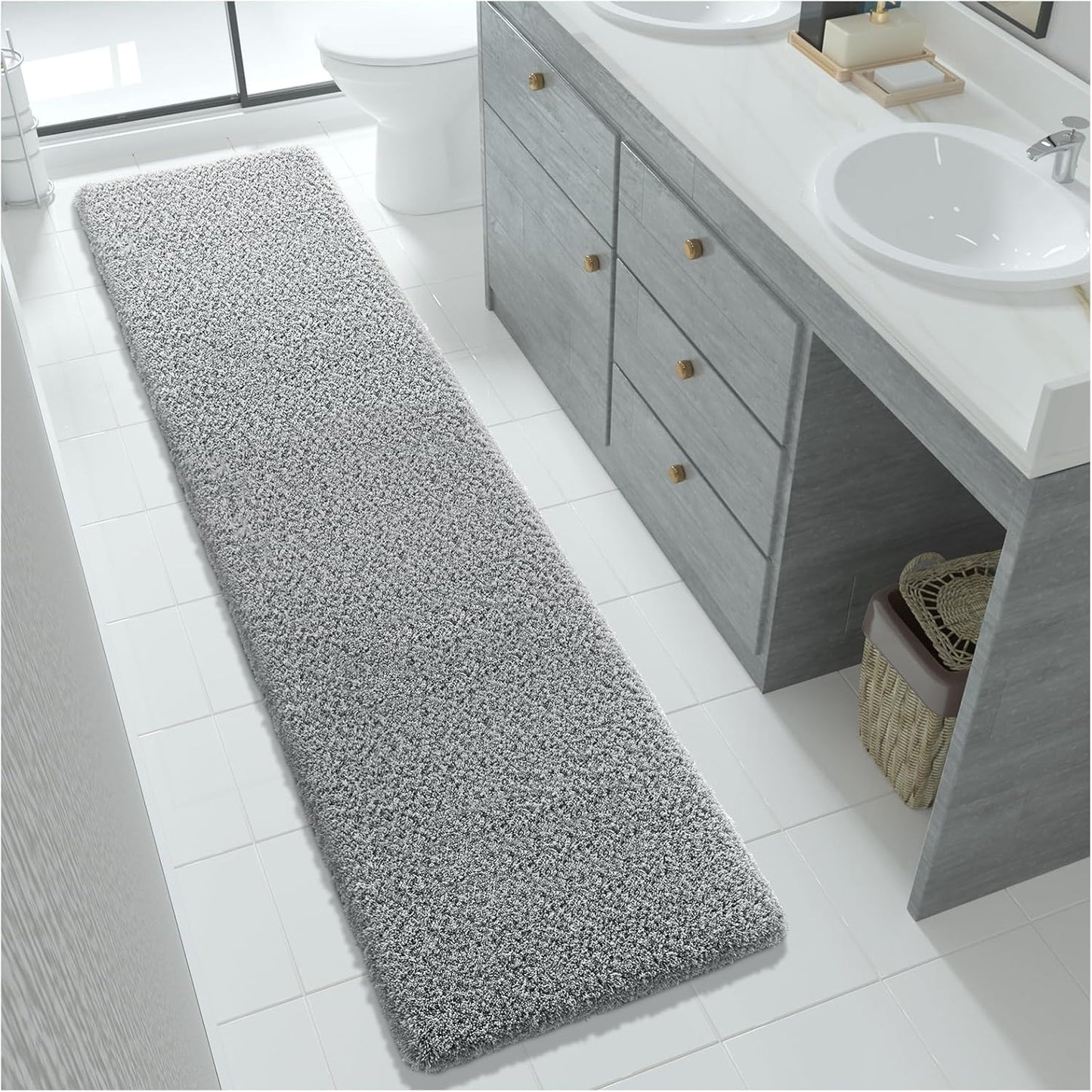 Yimobra Fluffy Plush Bath Rug, Super Shaggy Soft Comfortable Non Slip, Water Absorbent Microfiber Bath Mat, Dries Quickly, Machine Washable Thick Bathroom Rugs for Shower, 70"x 24", Pure Gray