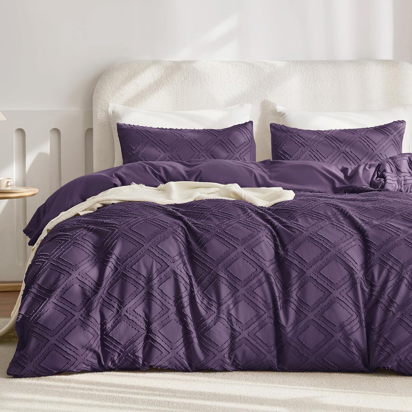 JELLYMONI Duvet Cover Queen Size Purple - 3PCS Boho Duvet Cover Set Plaid Polyester Tufted Bohemian Jacquard Knit Textured Comforter Cover 90×90in Rhombic Geometric Pattern Zipper Corner Tie