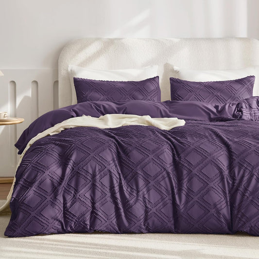 JELLYMONI Duvet Cover King Size Purple - 3PCS Boho Duvet Cover Set Plaid Polyester Tufted Bohemian Jacquard Knit Textured Comforter Cover 104×90in Rhombic Geometric Pattern Zipper Corner Tie
