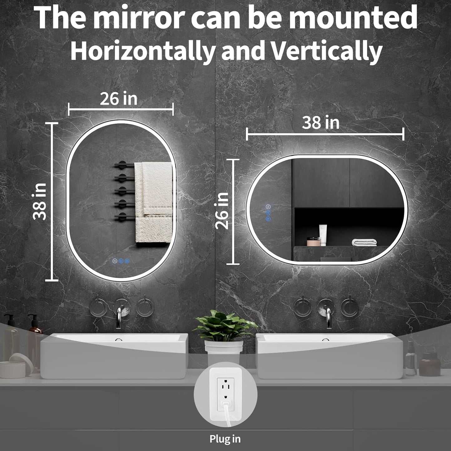 Bathroom Mirror 26"x38" LED Bathroom Mirror with Lights, Anti-Fog, Dimmable Oval Mirrors with Front Light and Backlit, Modern Farmhouse Wall Mounted Mirror for Decorative