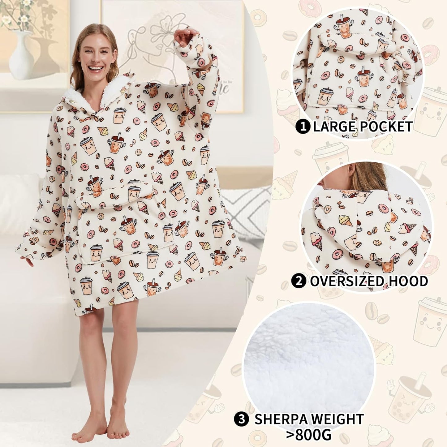 Wearable Blanket Hoodie for Adult,Oversized Sherpa Fleece Blanket Hoodie for Women Men,Coffee