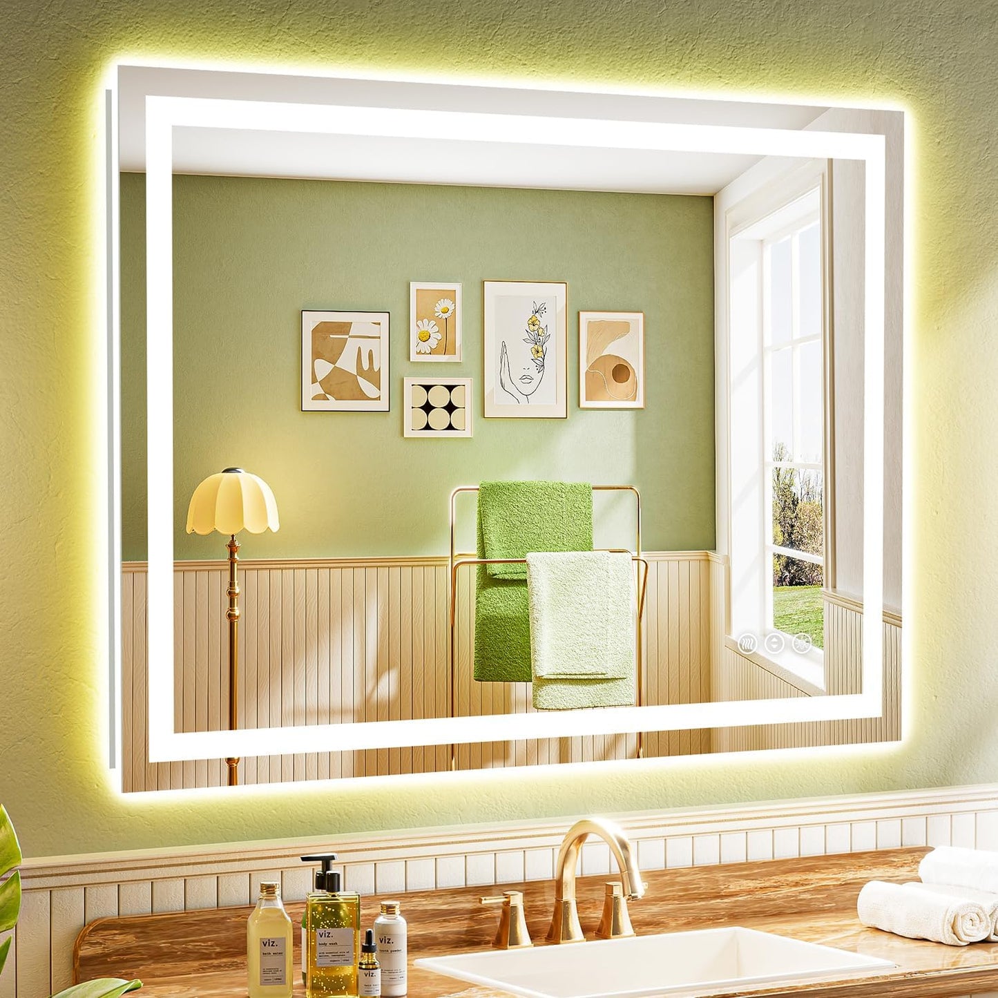 44x32 Inch LED Bathroom Mirror with Lights Front and Backlit Lighted Vanity Mirror for Bathroom Wall with 3 Colors Dimmable Anti-Fog Memory Shatter-Proof IP54 Waterproof Horizontal/Vertical
