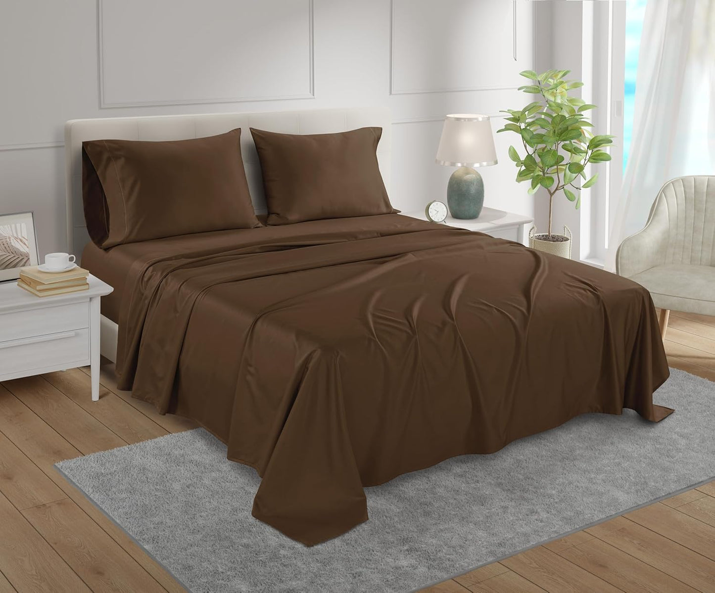 800 Thread Count Egyptian Cotton Sheets Queen Sheet Set Deep Pocket,100% Cotton Bed Sheets Queen Size Set, No Pill Soft & Comfy Naturally Cool Breathable Elasticated Sheet & Pillowcase Sets- Chocolate