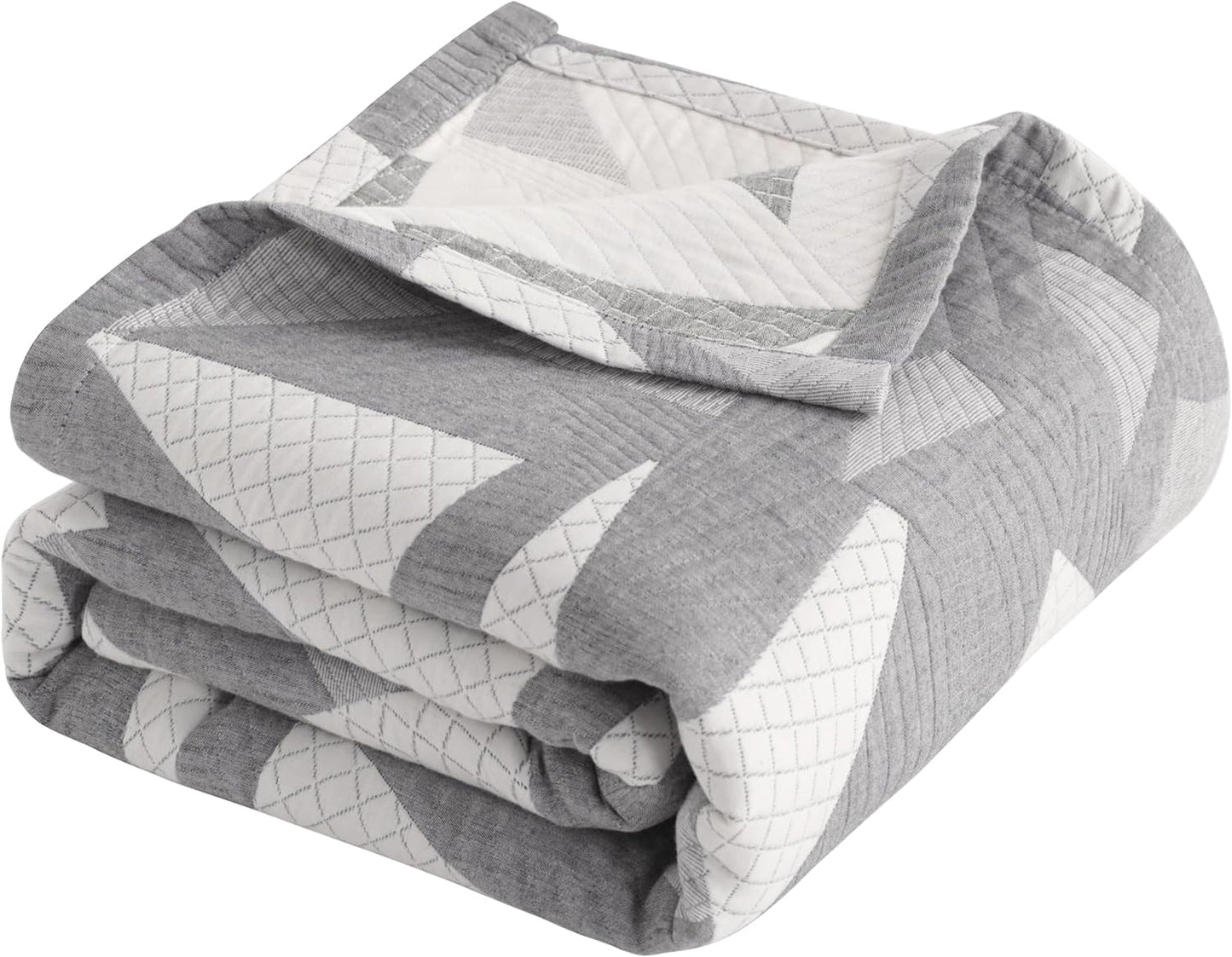 NTBAY 3 Layers Cotton Muslin 88x92 Queen Bed Blanket, Super Soft Breathable Thermal Yarn Dyed Quilt for Adults, Perfect Lightweight Blanket for Couch Sofa Bed All Seasons, Grey Triangle
