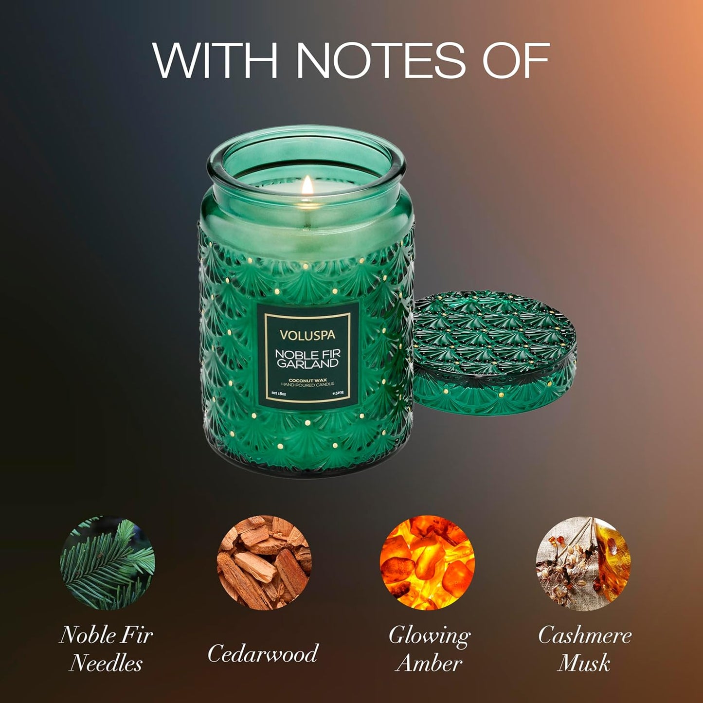 Voluspa Noble Fir Garland, Large Candle Jar, 18oz, Coconut Wax Blend, Christmas Scented Candles for Home, 100 Hour Burn Time, Poured in the USA