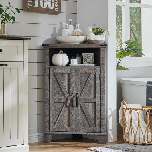 ACCOHOHO Corner Bathroom Cabinet, Farmhouse Small Corner Cabinet with Barn Door & Adjustable Shelf, Storage Cabinets for Bathroom, Kitchen, Living Room, Grey Wash