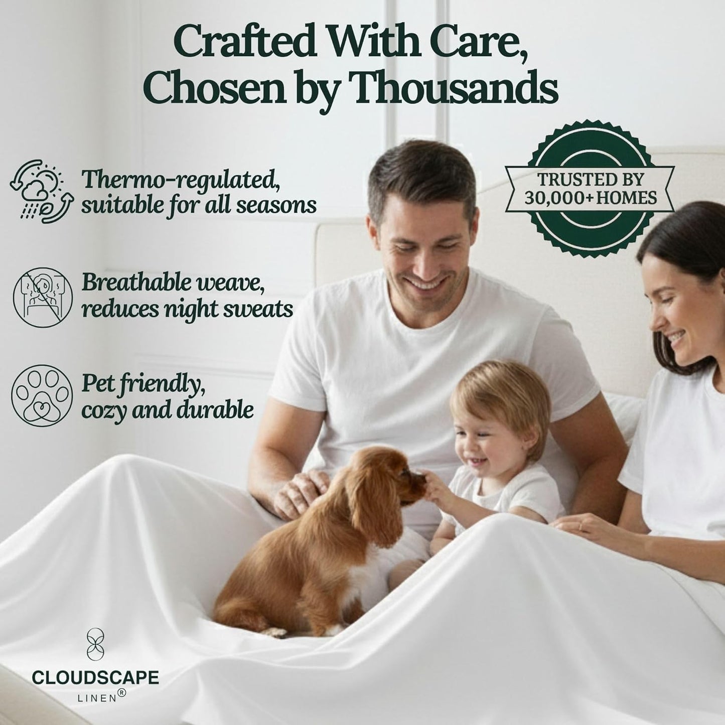 Cloud Scape Linen Engineered Dual-Ply Egyptian Cotton Queen Size Sheet Set – Long-Staple Sateen Weave, 4-Piece Soft Hotel Quality Bedding Set,Deep Pockets Up to 17”, White