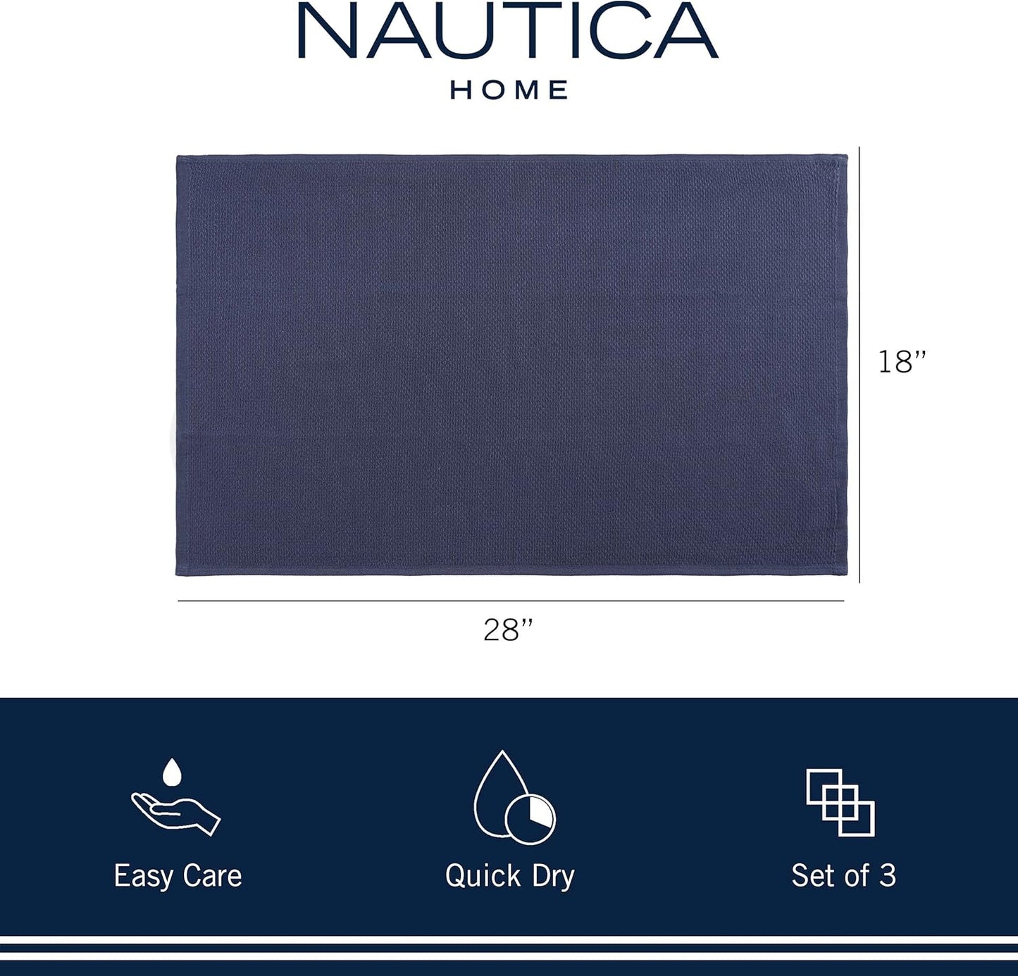 Nautica 100% Cotton Kitchen Towels | Super Absorbent Reusable Cleaning Cloths, Tea Towels, Hand Towels for Drying Dishes | Set of 3 | 18" X 28" | Navy/Navy Stripe