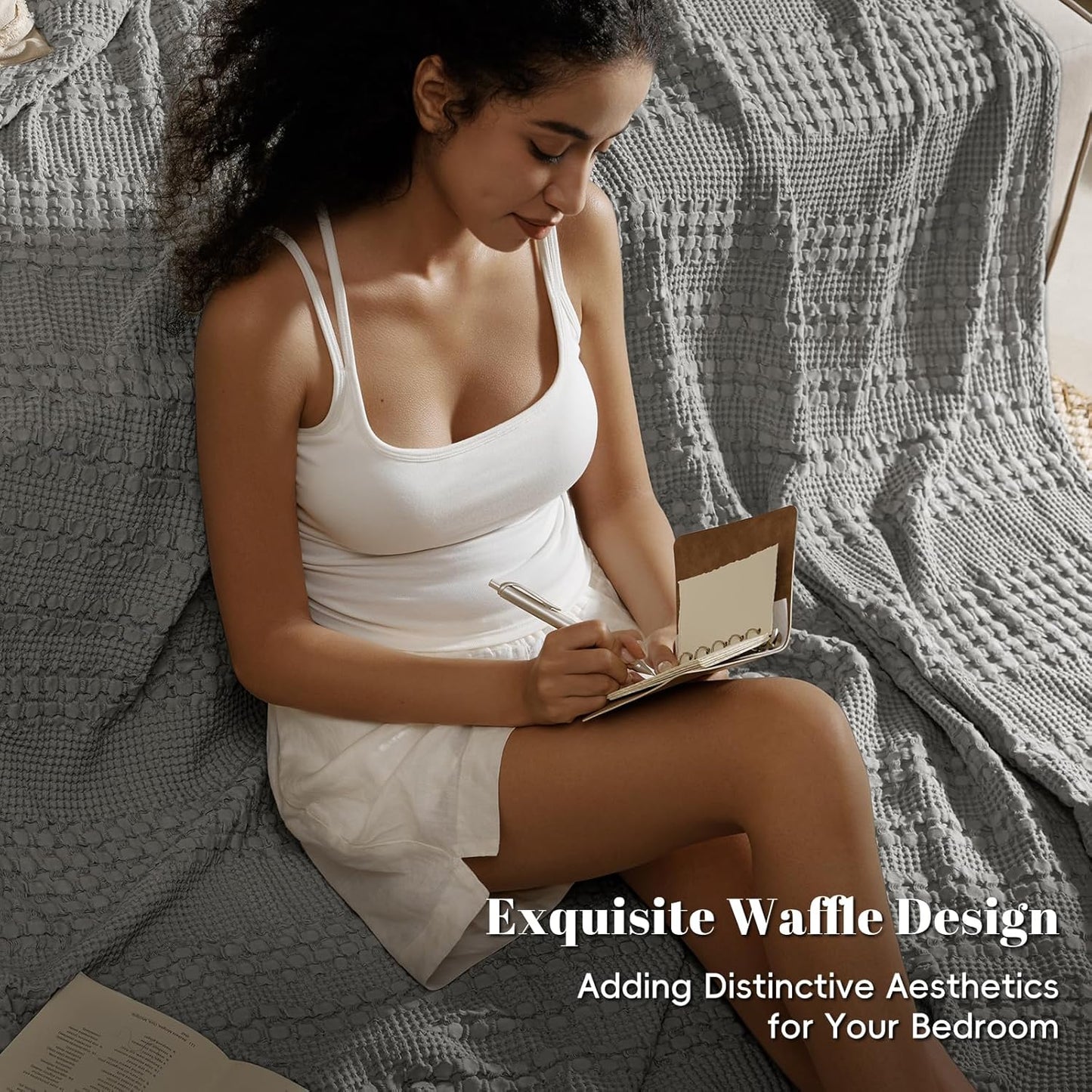 PHF 100% Cotton Waffle Weave Blanket Twin Size for Bed, Soft Lightweight & Breathable, All-Season Comfort, Luxury Aesthetic Woven Bedding for Home Decor, 66"x90", Dark Grey