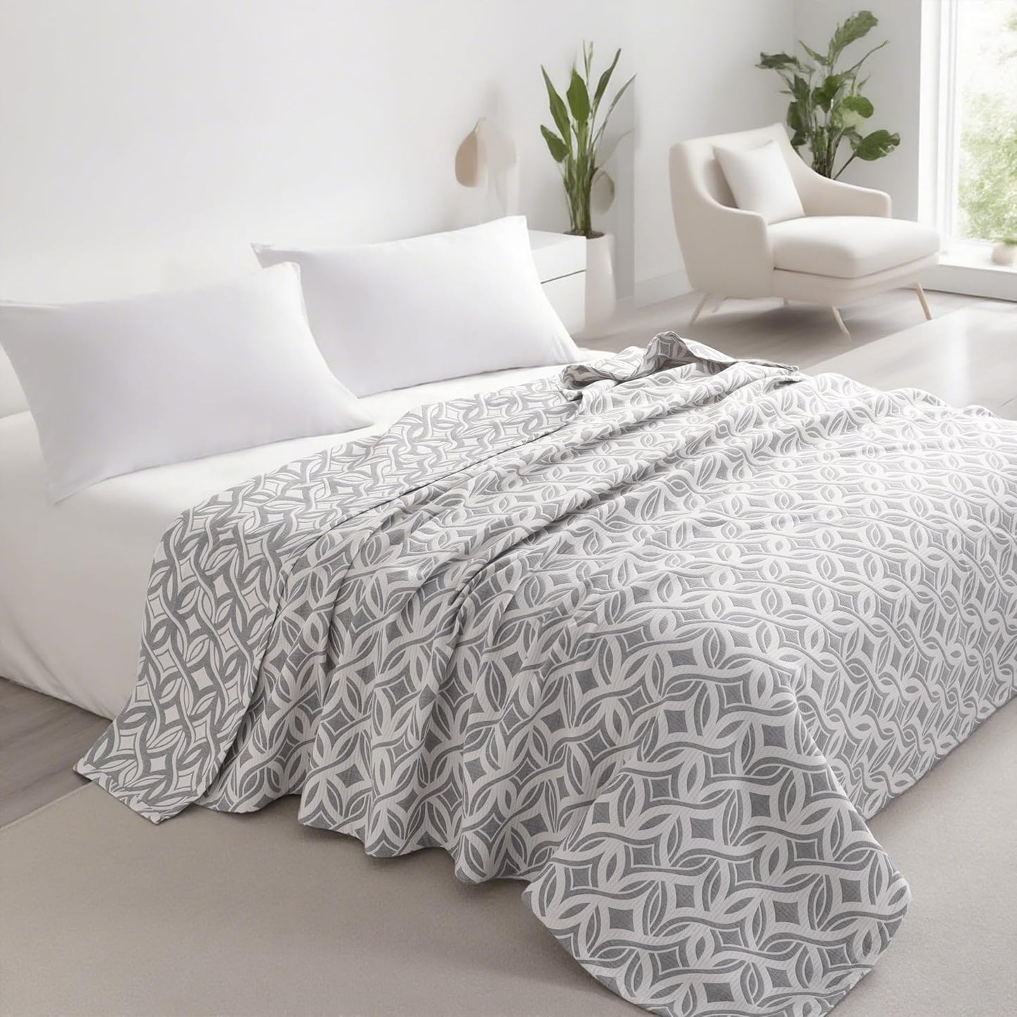 NTBAY 3 Layers Cotton Muslin 106x92 King Bed Blanket, Super Soft Breathable Thermal Yarn Dyed Quilt for Adults, Perfect Lightweight Blanket for Couch Sofa Bed All Seasons, Grey Twisted Line