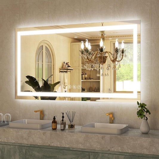 GLSLAND LED Bathroom Mirror - 48"x32" Anti-Fog Lighted Wall Mirrors with Memory Function, Dimmable, Frontlit & Backlit, Horizontally/Vertically, Tempered Glass