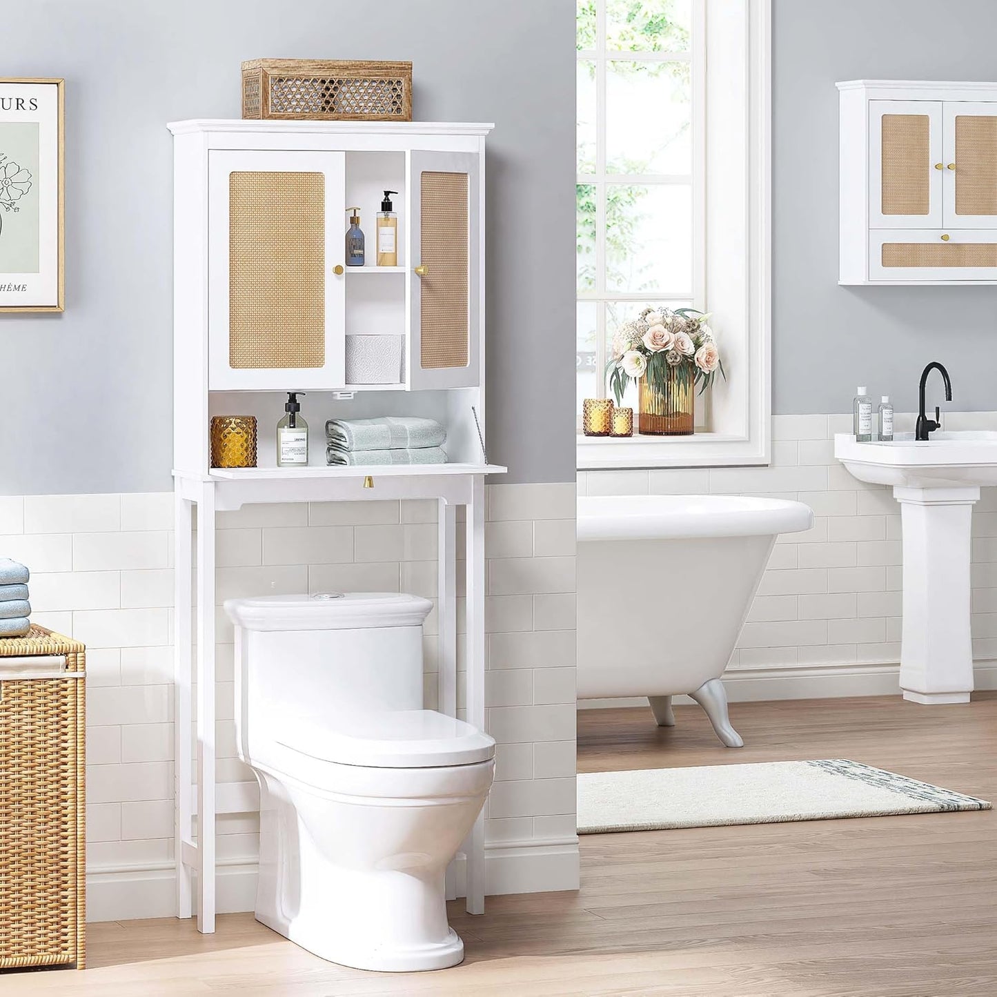 Spirich Over The Toilet Storage Cabinet with Rattan Doors, Over Toilet Bathroom Organizer with Tilt-Out Cube and Adjustable Shelf