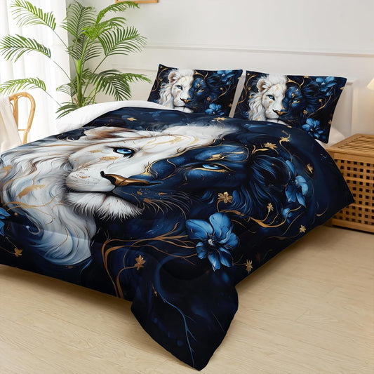 Black and Gold Flower Lion Comforter Set Queen Size，Animal Print Queen Size Bedding Set for Boy，with 1 Comforter with 2 Pillow Case