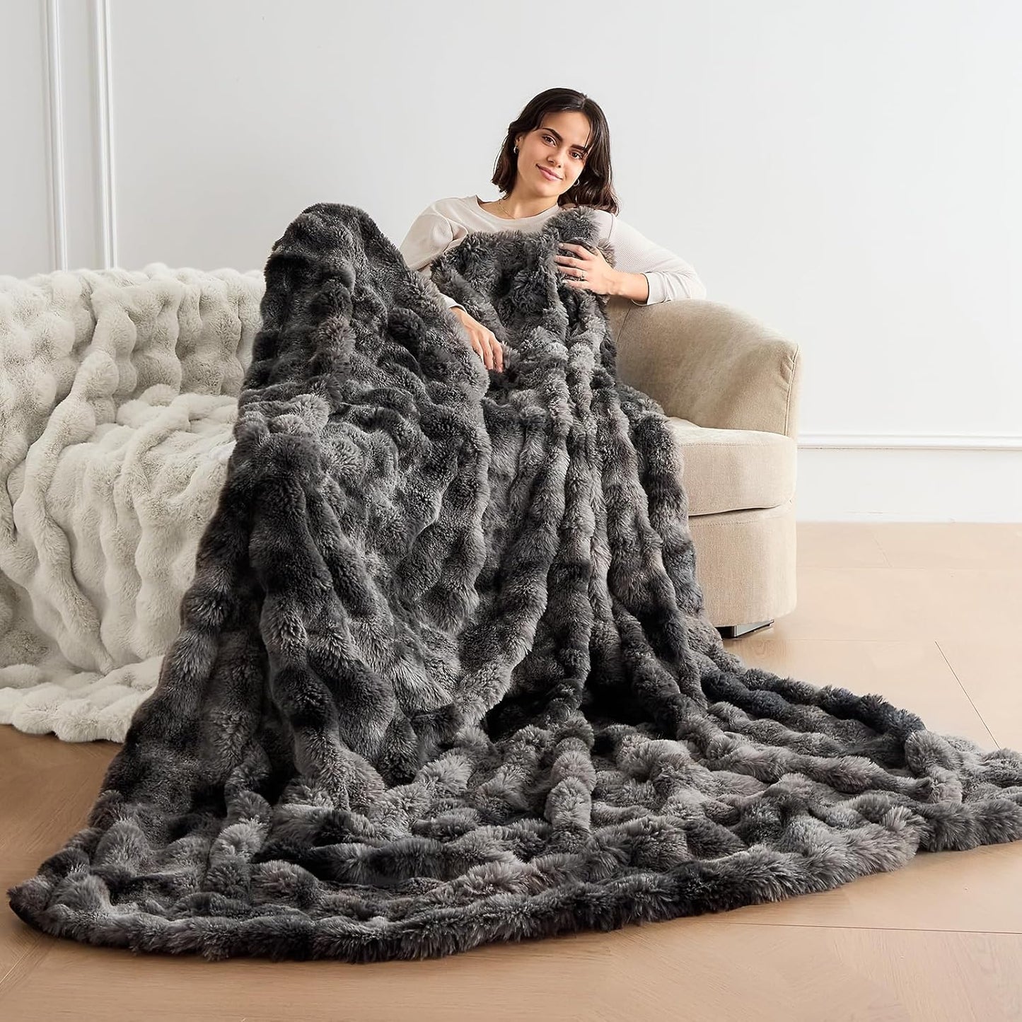 Fluffy Faux Rabbit Fur Throw Blanket - Soft, Luxury, Cozy Thick Warm Decorative Bubble Blanket for Bed, Sofa (Throw Size 50''x60'', Tie-Dyed Dark Grey)