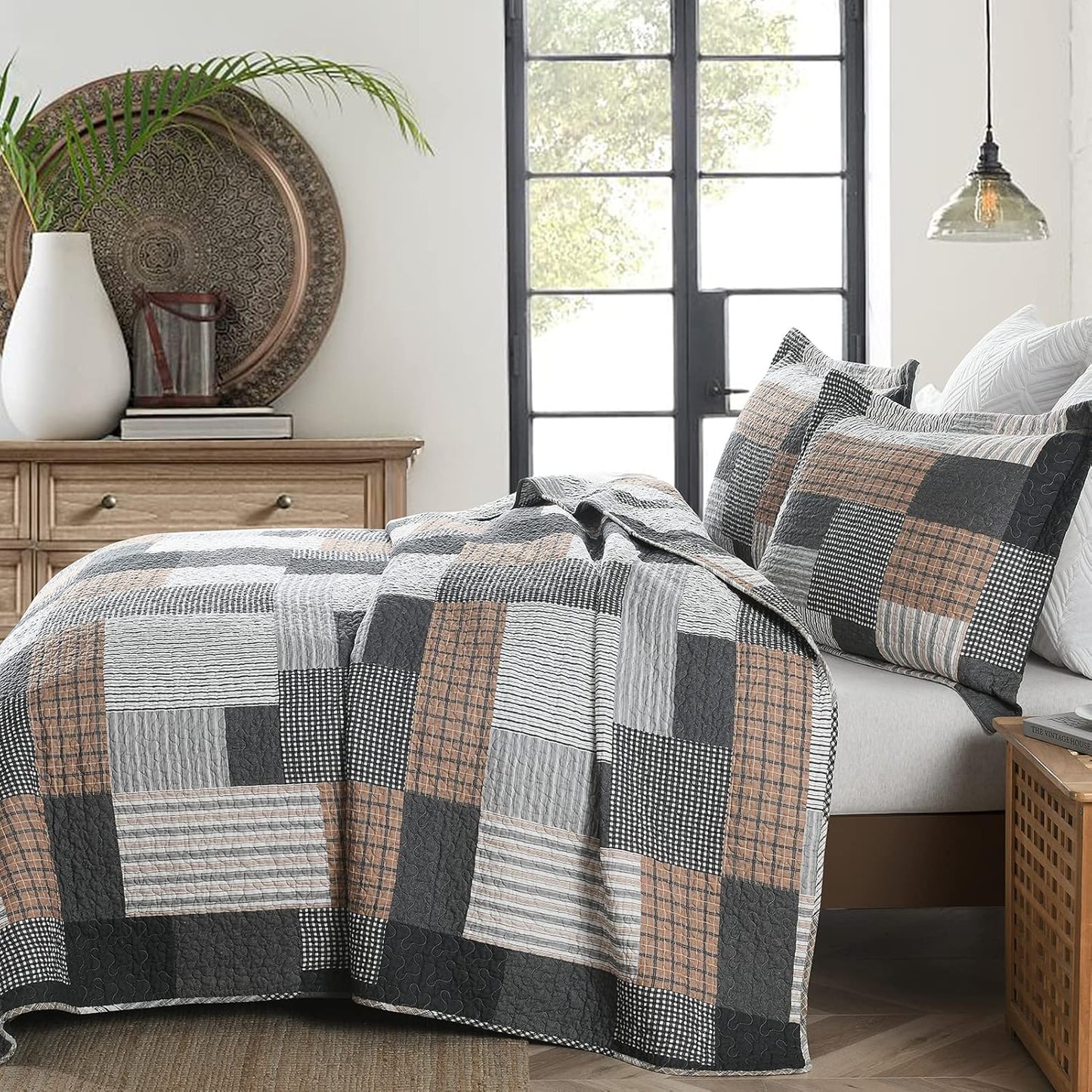 Y-PLWOMEN Quilt King Size - 3 Piece Cotton Quilts Lightweight Bedspreads Farmhouse Plaid King Size Quilt Cozy Reversible Quilt Bedding Set All Season, Grey Black Brown White