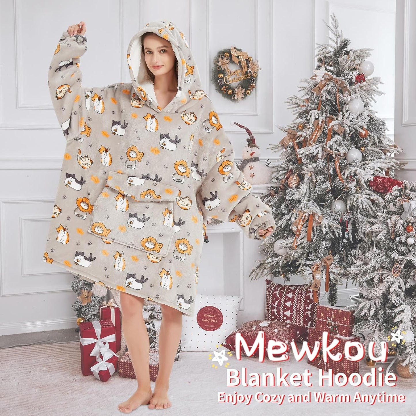 Wearable Blanket Hoodie for Adult,Oversized Sherpa Fleece Blanket Hoodie for Women Men,Cat