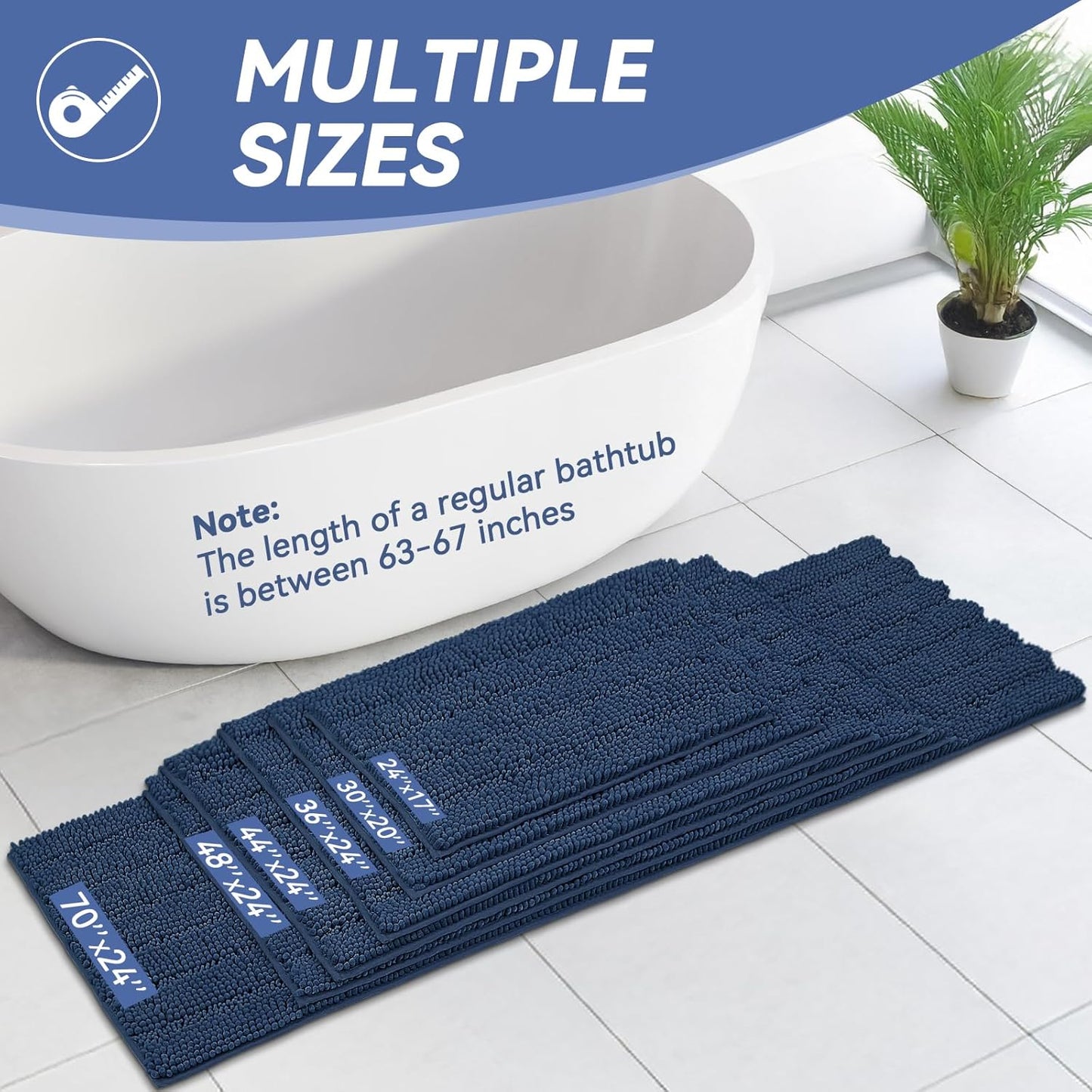Bcoimo 48"×24" Chenille Bath Mat – Non-Slip with Backing Bath Rug Ultra-Absorbent and Machine Washable Bathroom Mat Quick-Dry Design. Ideal for Bathroom and Tub Areas
