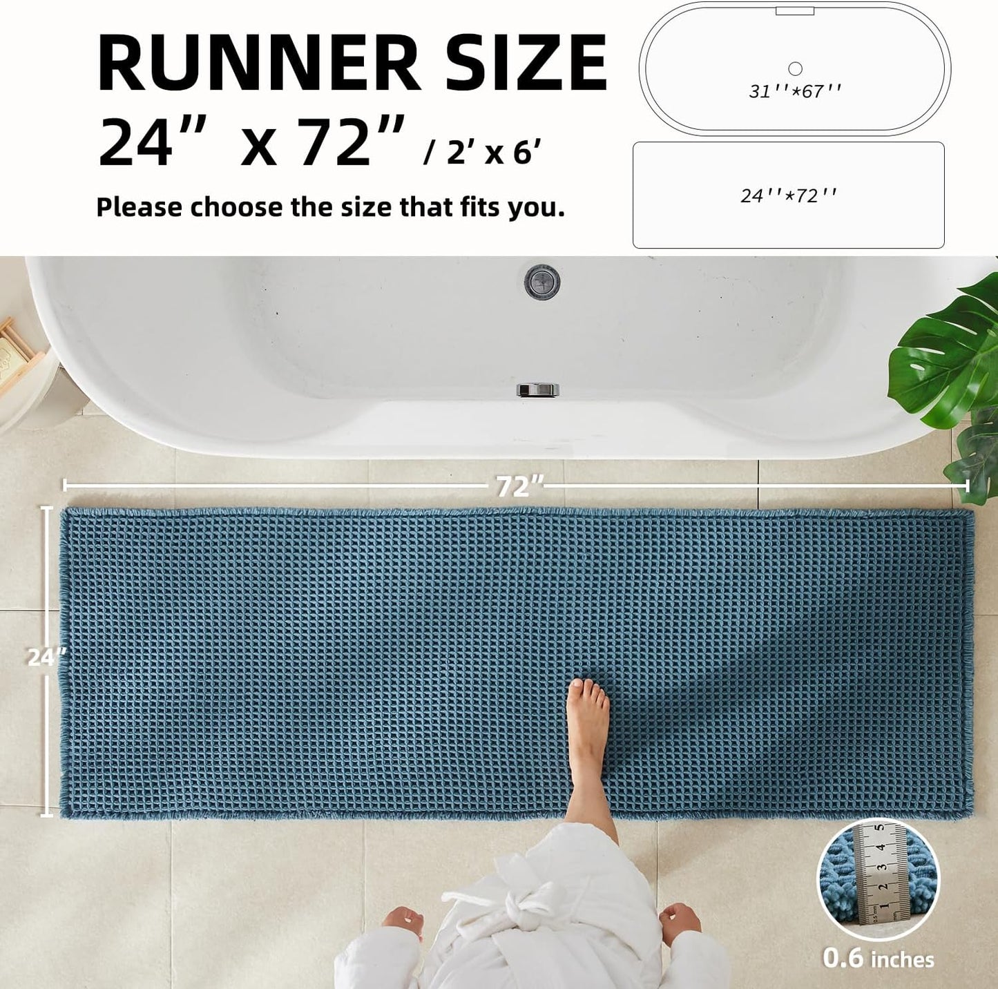 Waffle Runner Rug Bathroom, Long Boho Bathroom Rugs Non Slip Washable Super Absorbent Quick Dry Farmhouse Bath Decor, 72"x24" Denim Blue