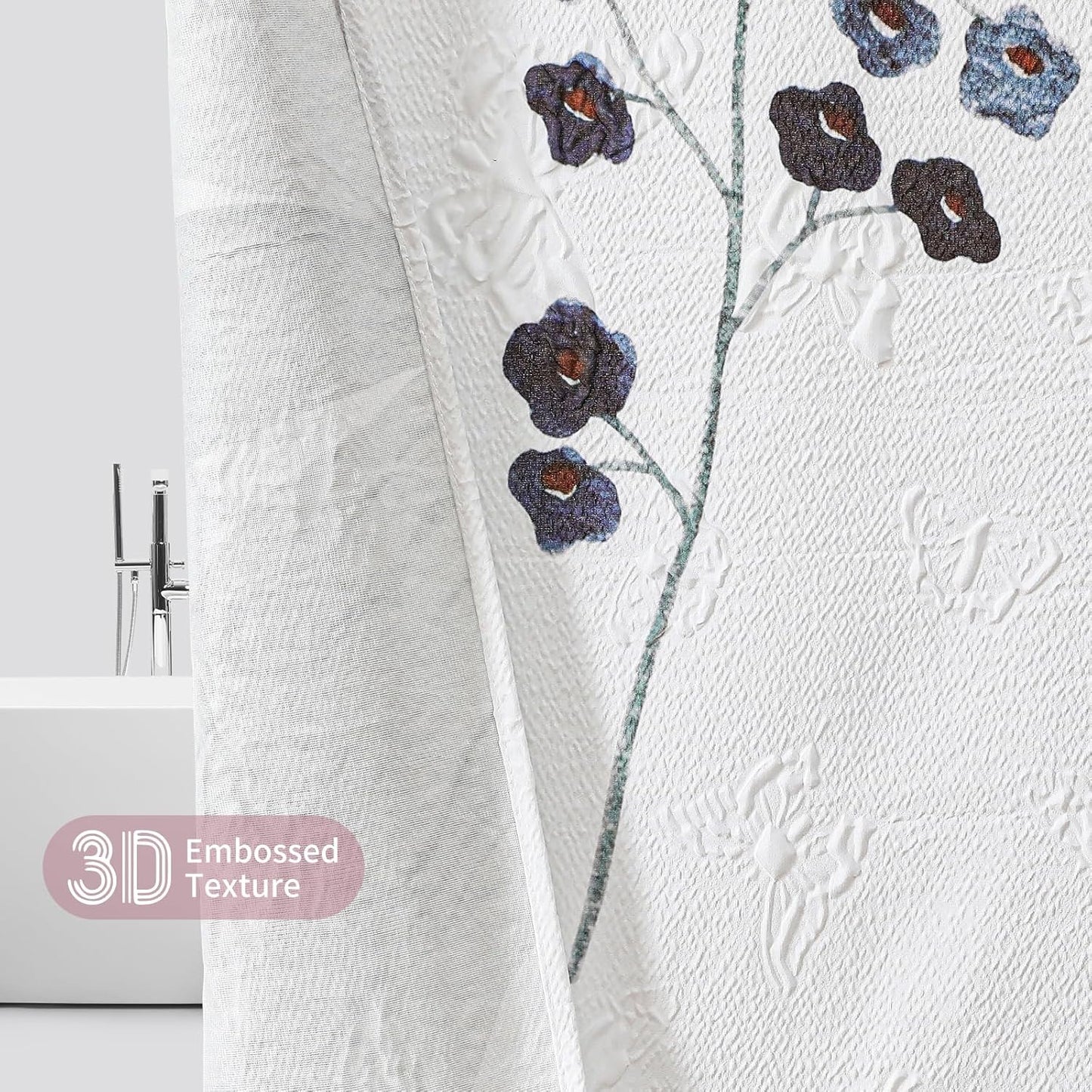 QiyI Floral Shower Curtain, 3D Embossed Butterflies Watercolor Wildflower Bathroom Curtain, Minimalist White Cloth Bath Curtains, Waterproof Fabric Textured Shower Curtain Set with Hooks, 72x72
