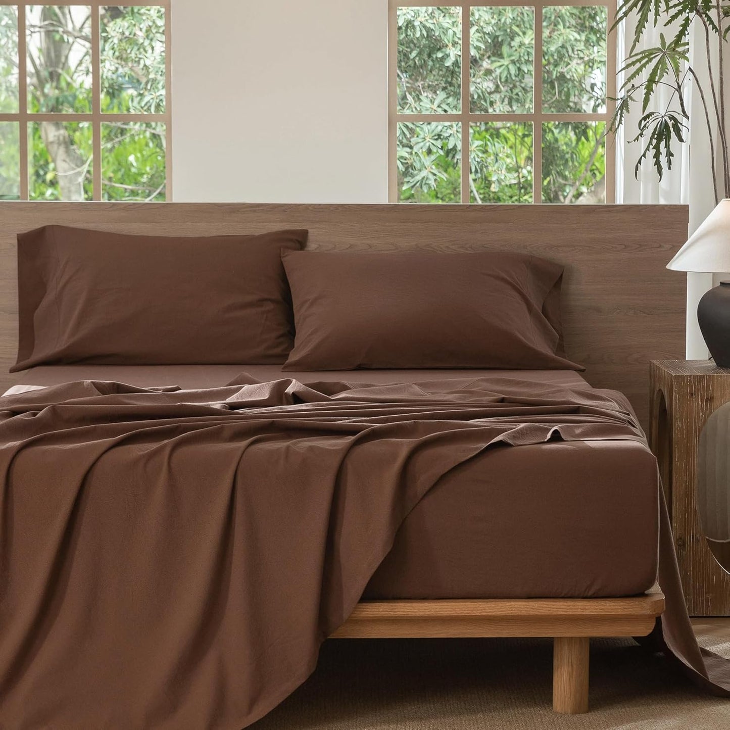 MooMee Bedding Sheet Set 100% Washed Cotton Linen Like Textured Breathable Durable Soft Comfy (Solid Cocoa Brown, Queen)