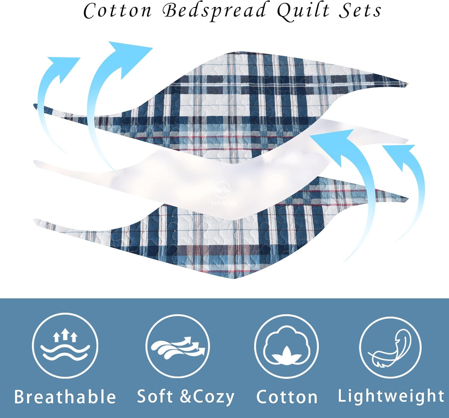 Quilts Queen Size, Cotton Queen Size Comforter Set, Blue White Striped Bedding Sets, Plaid Queen Bedspread,Striped Bed Set Lightweight Reversible All Season 3 Piece