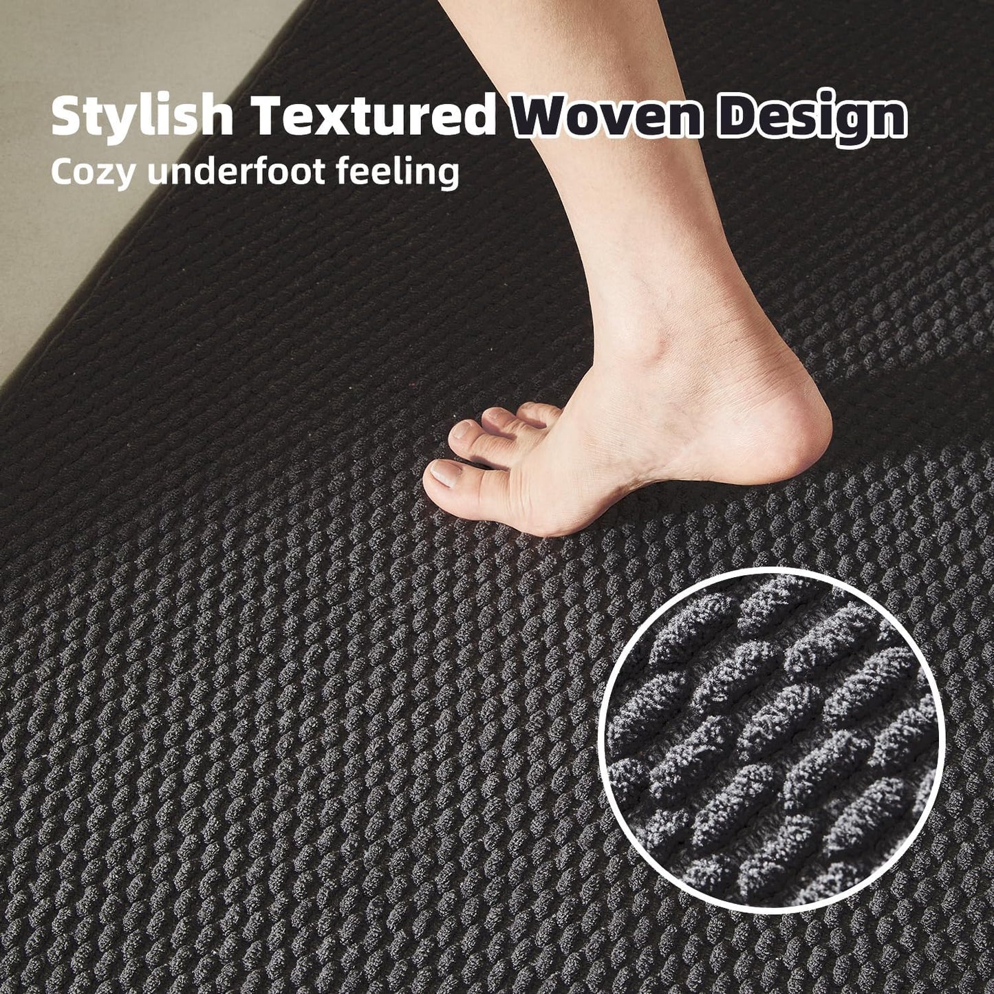 Black Bathroom Runner Rugs, Long Bath Mat Runner Washable Thin Quick Dry Low Pile Bathroom Runner Rugs Non Slip, Black 16''x60''