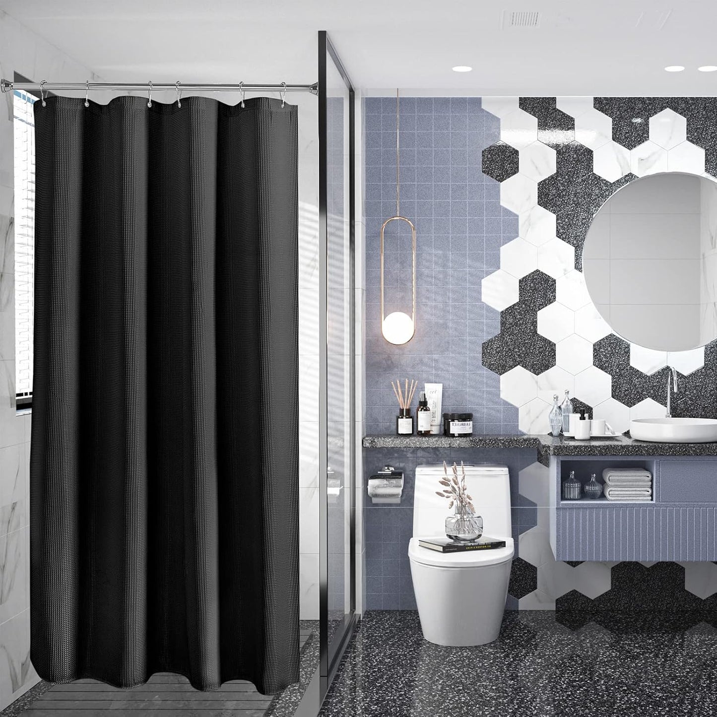 AmazerBath Waffle Shower Curtain, Stall Shower Curtain, Black Shower Curtain Fabric, Hotel Quality Bathroom Shower Curtains, Heavy Duty, 36 x 72 Inches