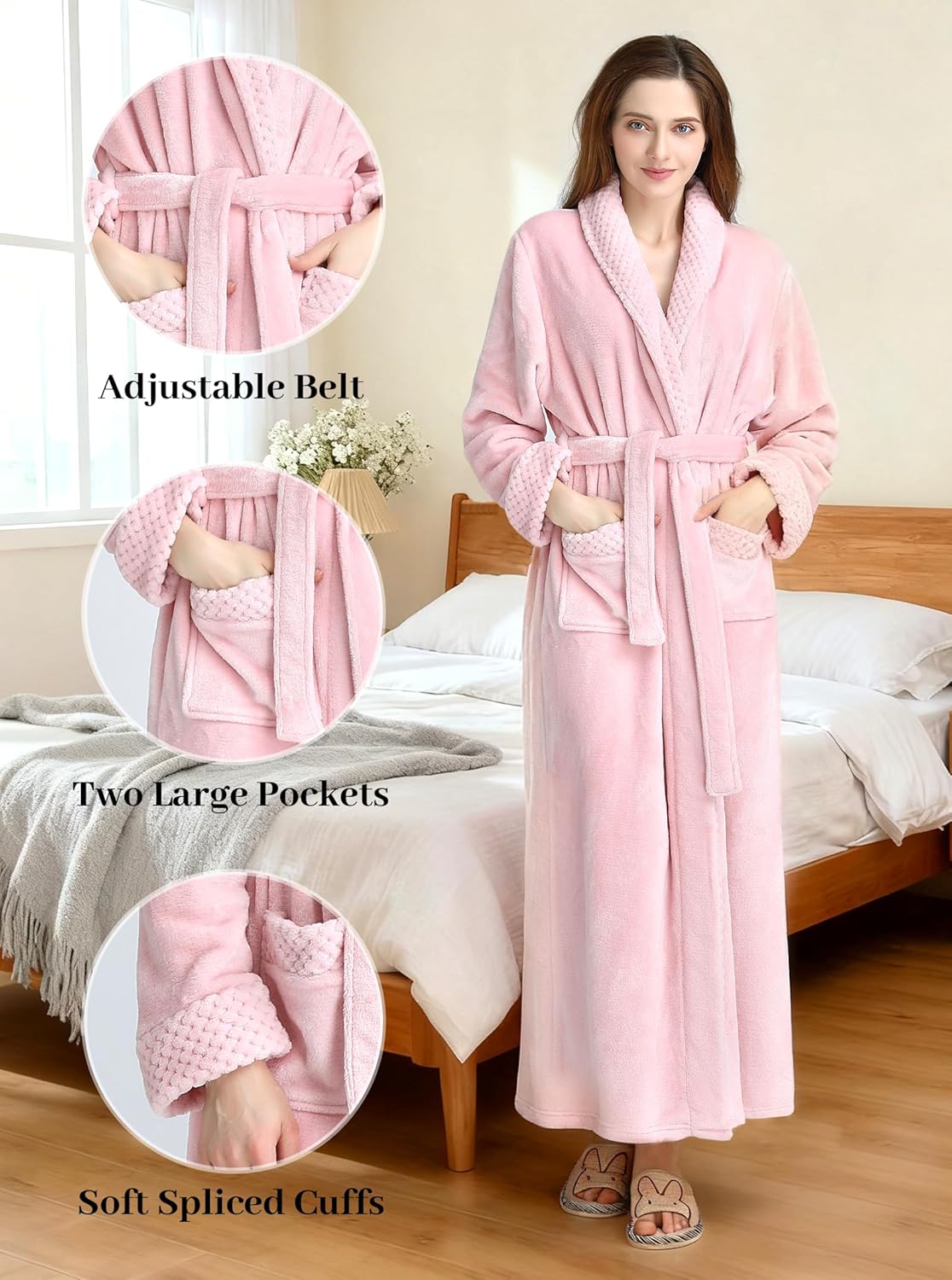 Artfasion Womens Long Fleece Robe - Warm Soft Floor Length Flannel Bathrobes for Winter Thicker Long House Coat with Pockets