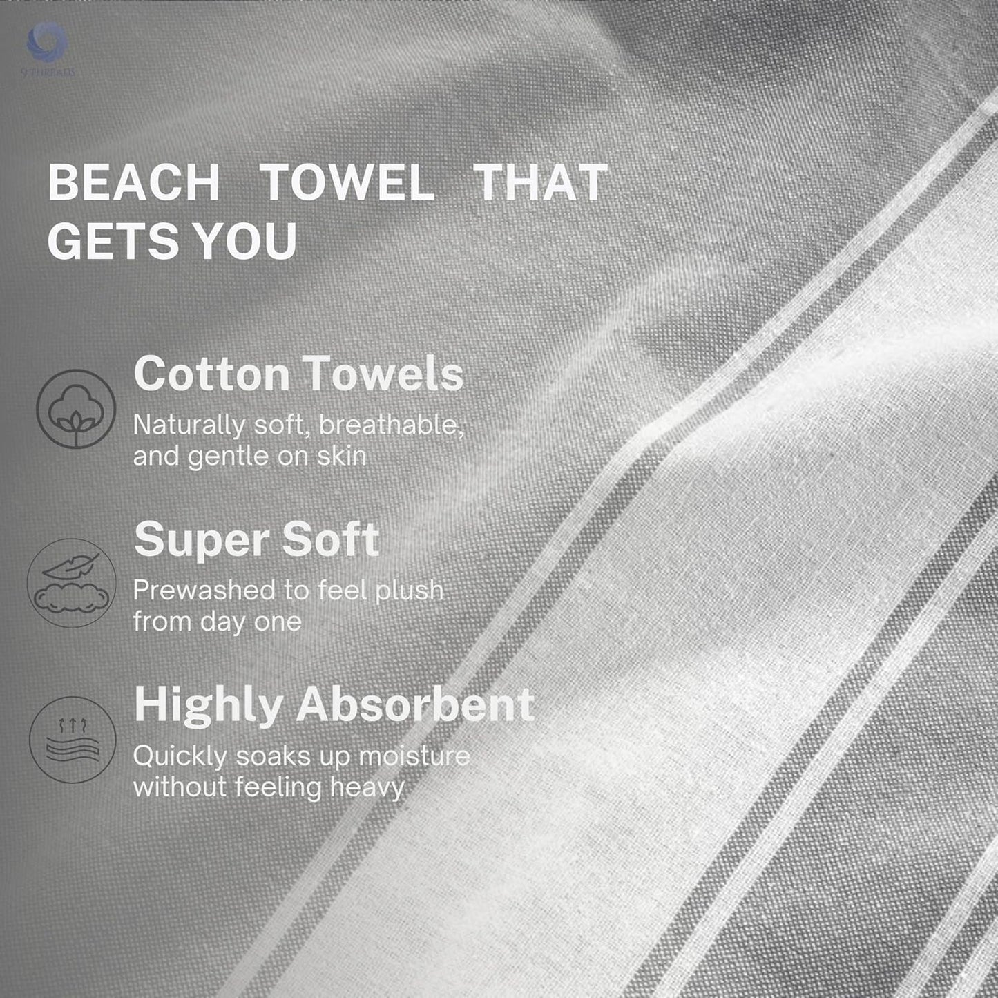 Cotton Turkish Beach Towel Towels Oversized 36"x72" Pool Absorbent Extra Large Quick Dry Sand Travel Towel (Grey, 2 Pack)
