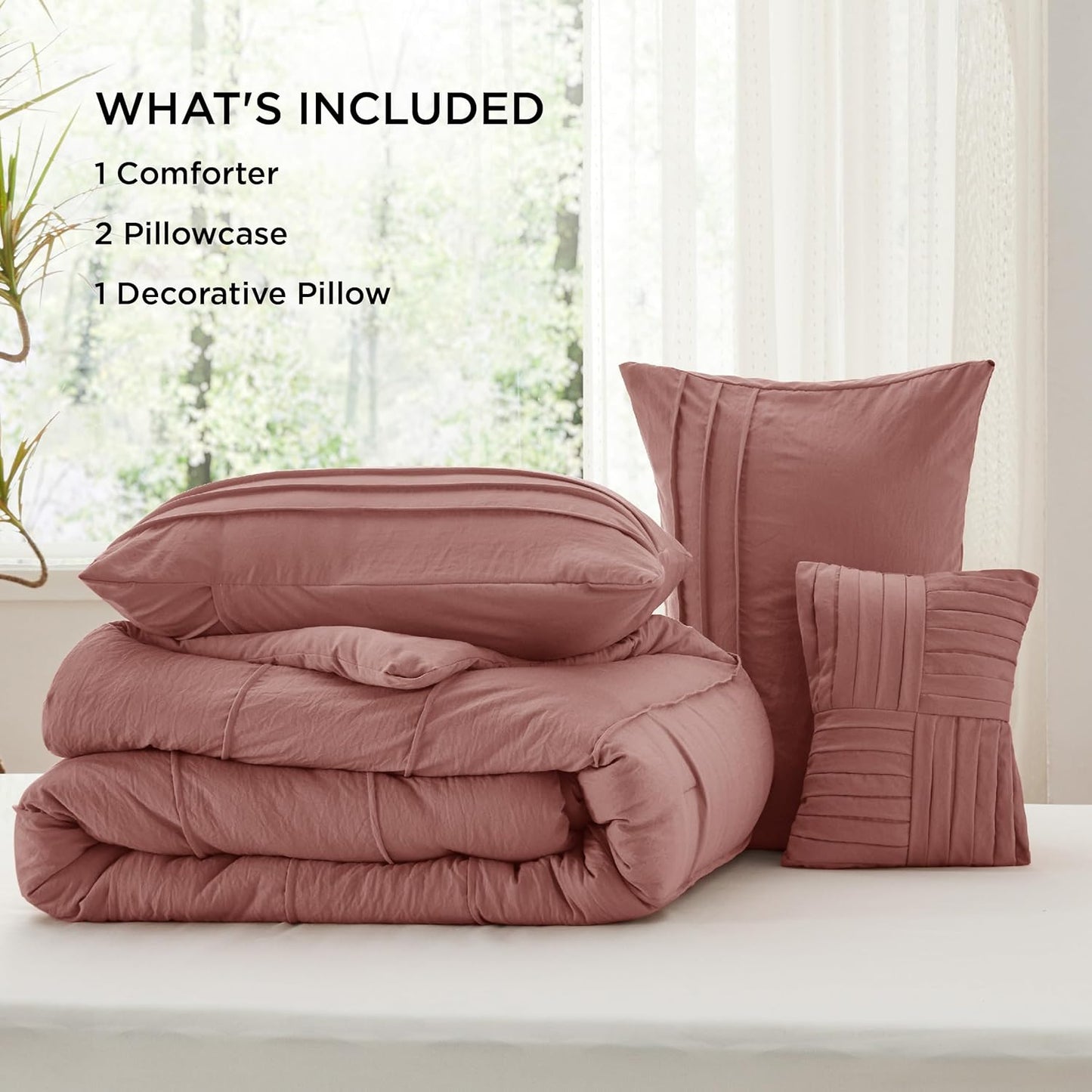 Bedsure King Comforter Set - 4 Pieces Pinch Pleat Bed Set, Dusty Pink Boho Bedding for All Season, 1 Soft Comforter, 2 Pillowcases, 1 Decorative Pillow