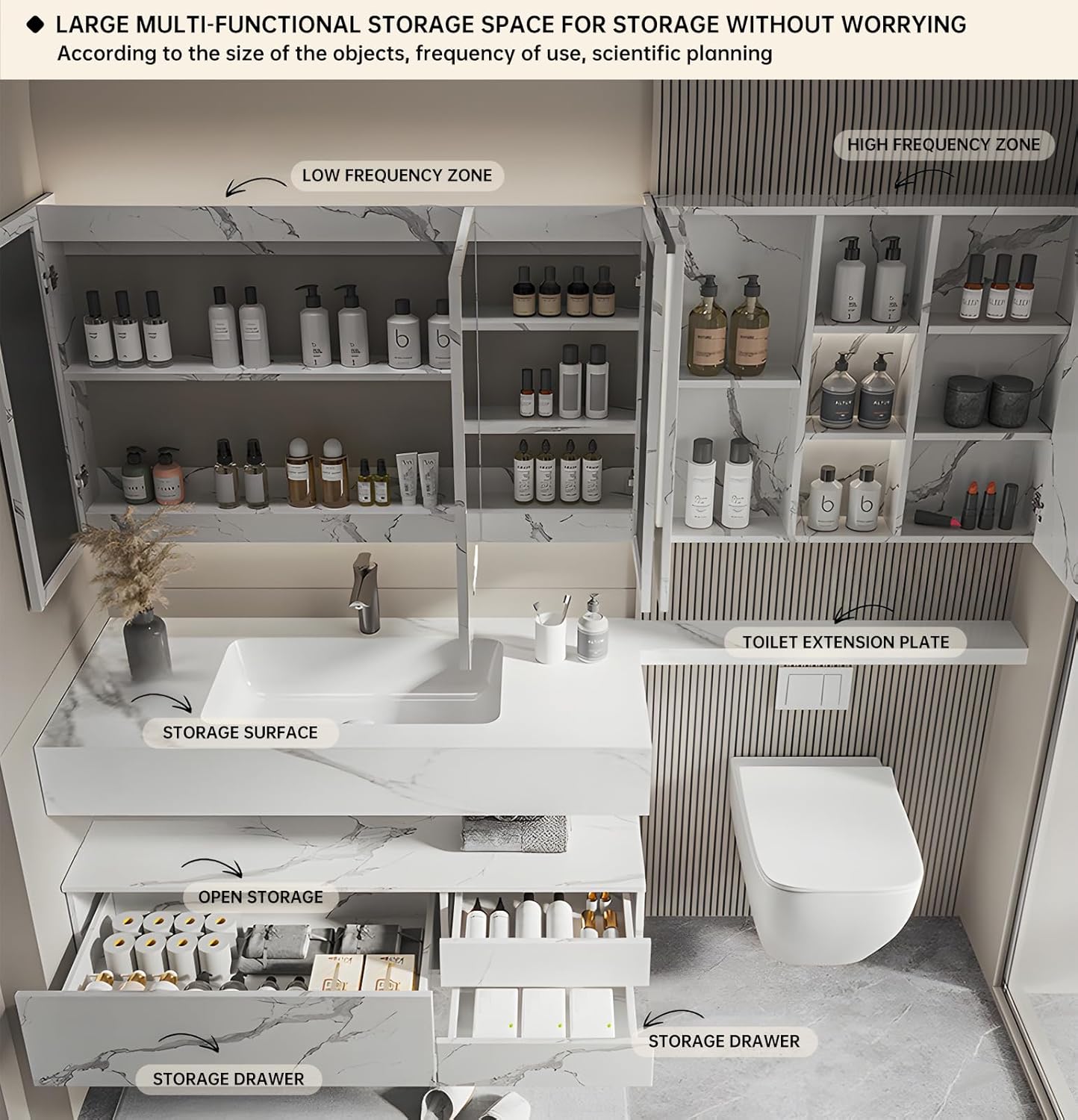 Floating Bathroom Vanity with Sink, Solid Wood Bathroom Vanity Set, Smart Defogging Mirror & Induction Side Cabinet & Large Storage - Elegant Bathroom Vanities (White,64IN)