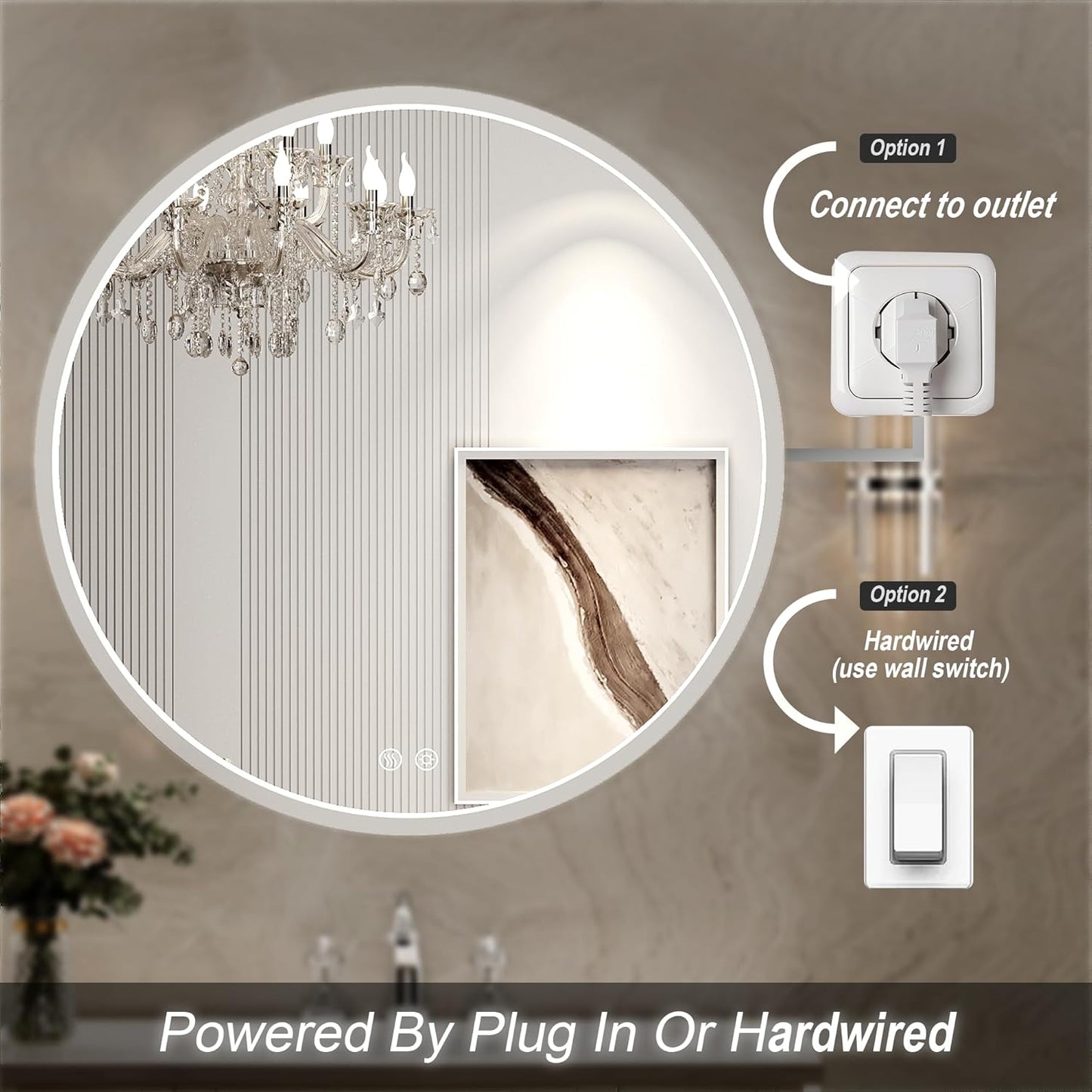 32" Round LED Bathroom Mirror, Dimmable Anti-Fog Vanity Mirror with Touch Control, 6000K Natural Light, Silver Metal Frame, Wall Mounted for Makeup Shaving (IP54, 90+ CRI)