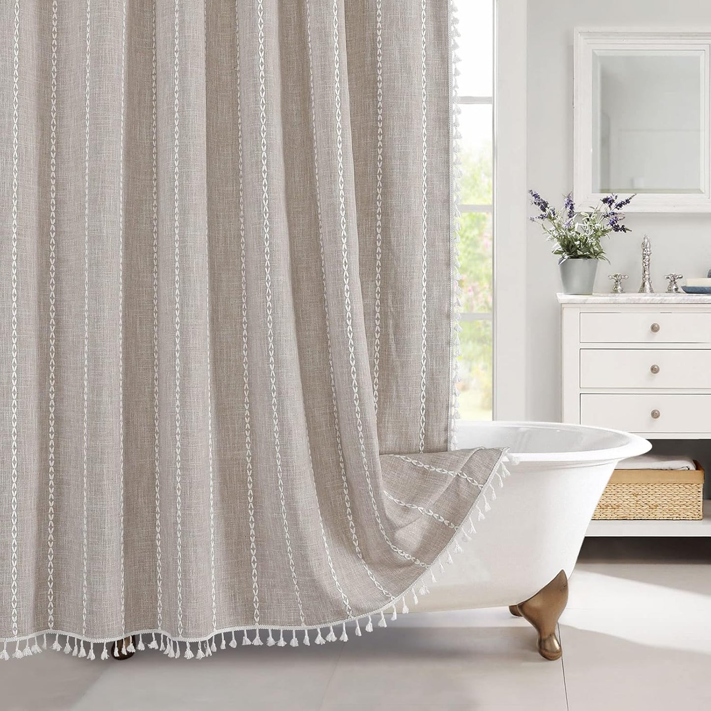 MitoVilla Boho Extra Long Shower Curtain 72 x 84, Tan 84 inch XL Polyester Linen Tassel Fabric Shower Curtain Set with Hooks for Vintage Country Farmhouse Bathroom Decor, Thick & Wrinkle Resistant