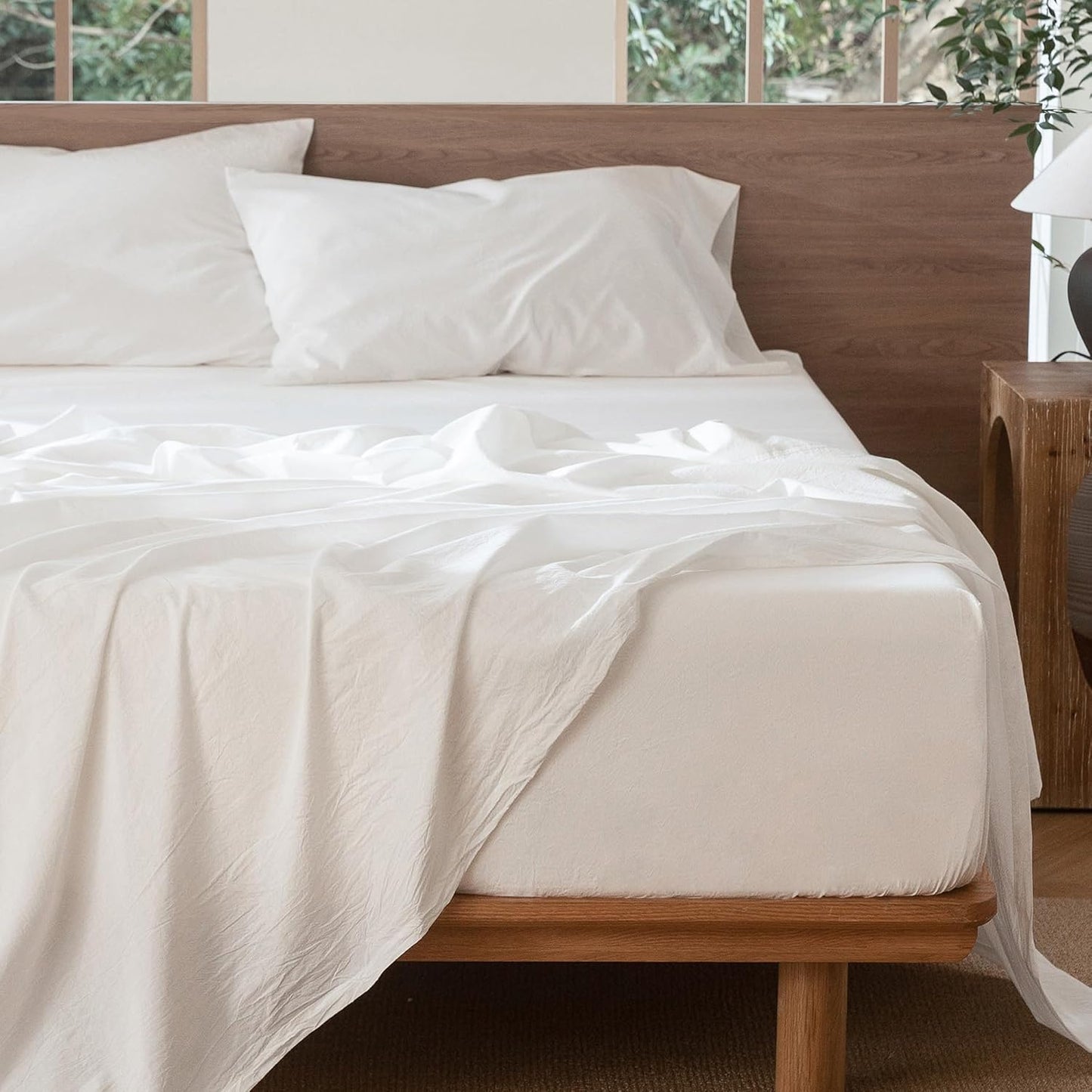 MooMee Bedding Sheet Set 100% Washed Cotton Linen Like Textured Breathable Durable Soft Comfy (Solid Off White, Full)