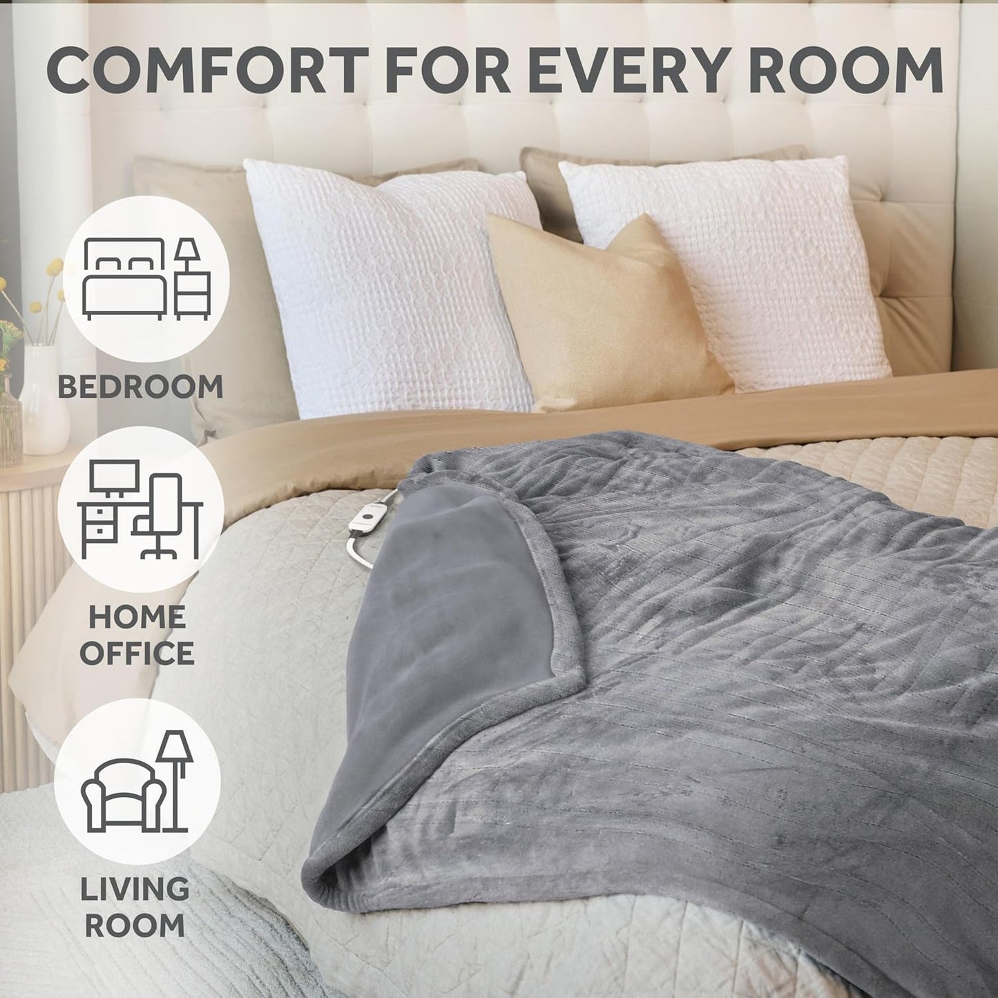 Sunbeam Royal Posh Dove Grey Heated Personal Throw / Blanket, Cozy-Warm, Adjustable Heat Settings