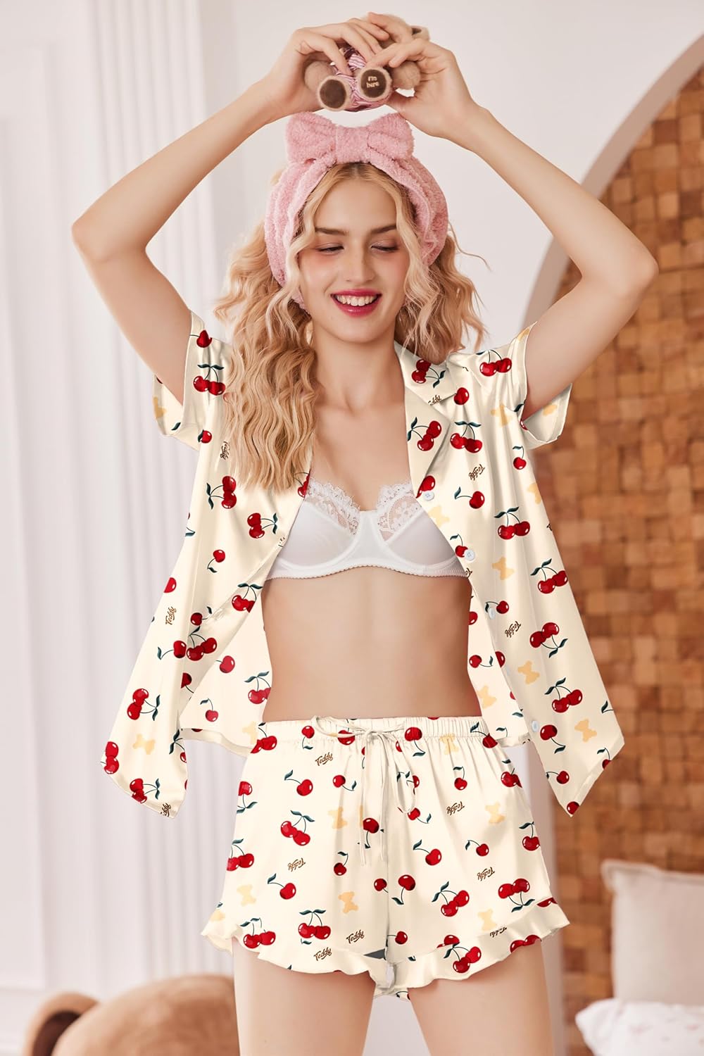 Ekouaer Womens Satin Pajamas Set Button Down 2 Piece Silk Pjs Shorts Set Ruffle Lingerie Notch Collar Sleepwear