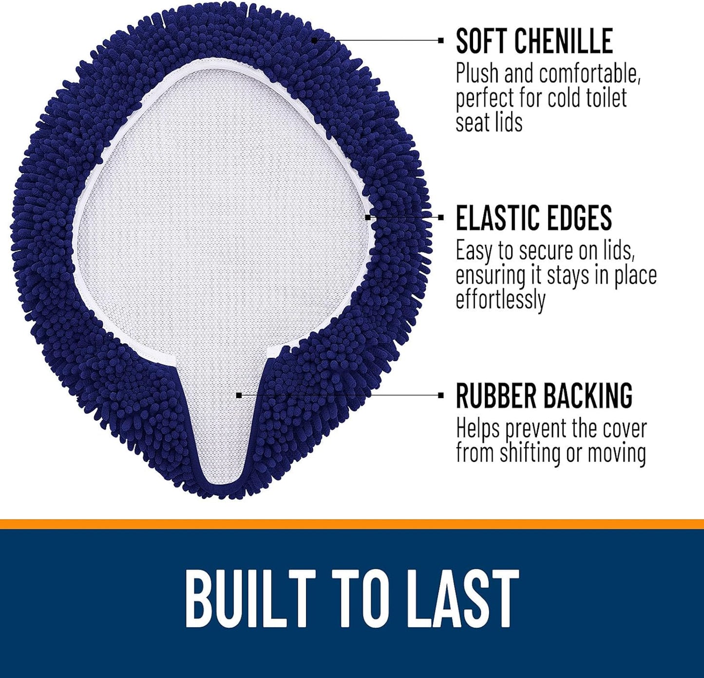 OLANLY Soft Chenille Bathroom Toilet Lid Cover, Machine Washable Seat Covers, 17.5x15, Stays in Place Rubber Backing, Fits Most Round, Elongated and Oblong Lids, Accessories Decor, Navy