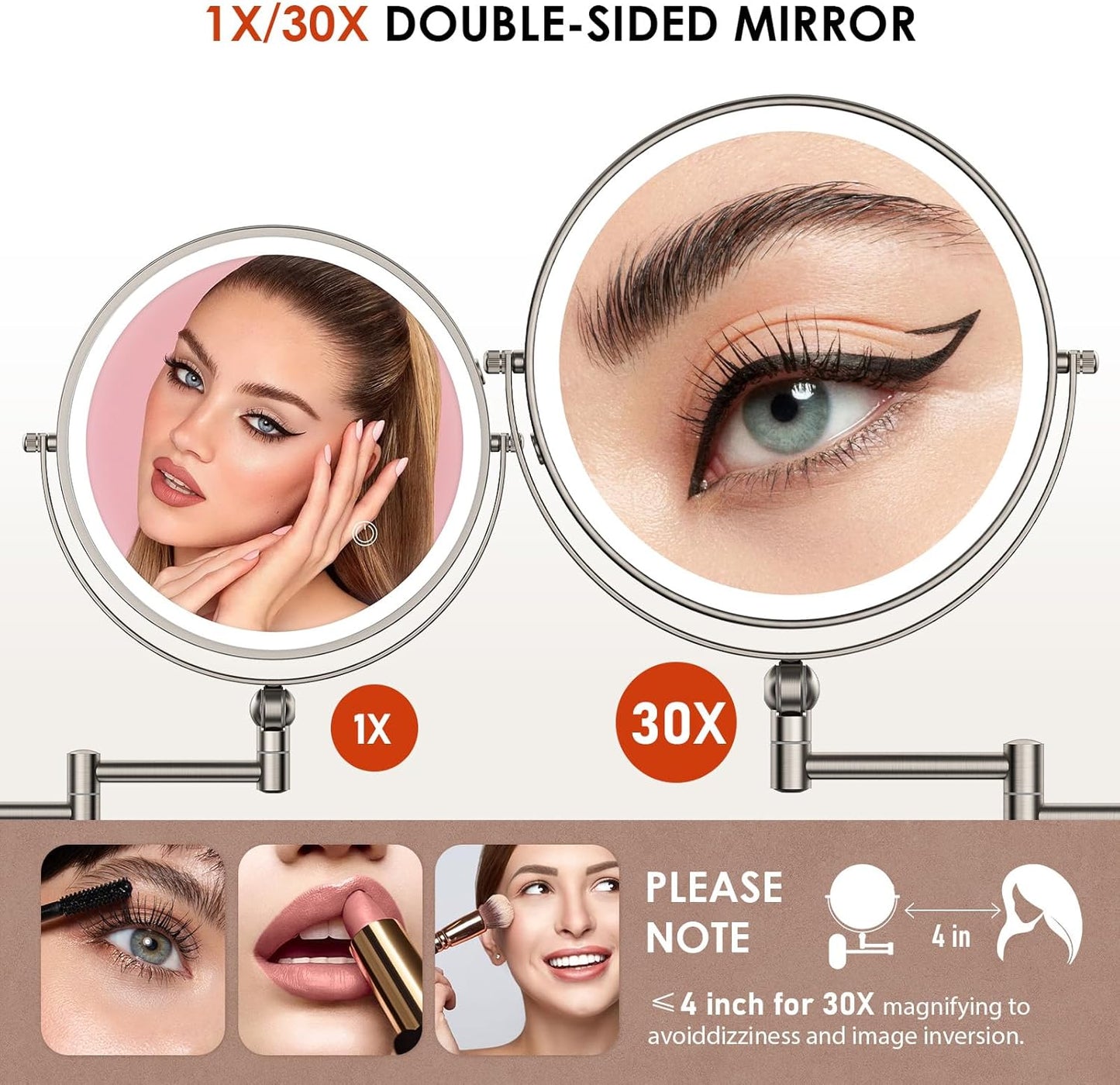 9" Wall Mounted Lighted Makeup Mirror,4000mAh Rechargeable Double Sided 1X/30X Magnifying Mirror with Light,Touch Dimmable,Extended Arm 360 Rotation Wall Mounted Makeup Mirror 3 Color Lights-N