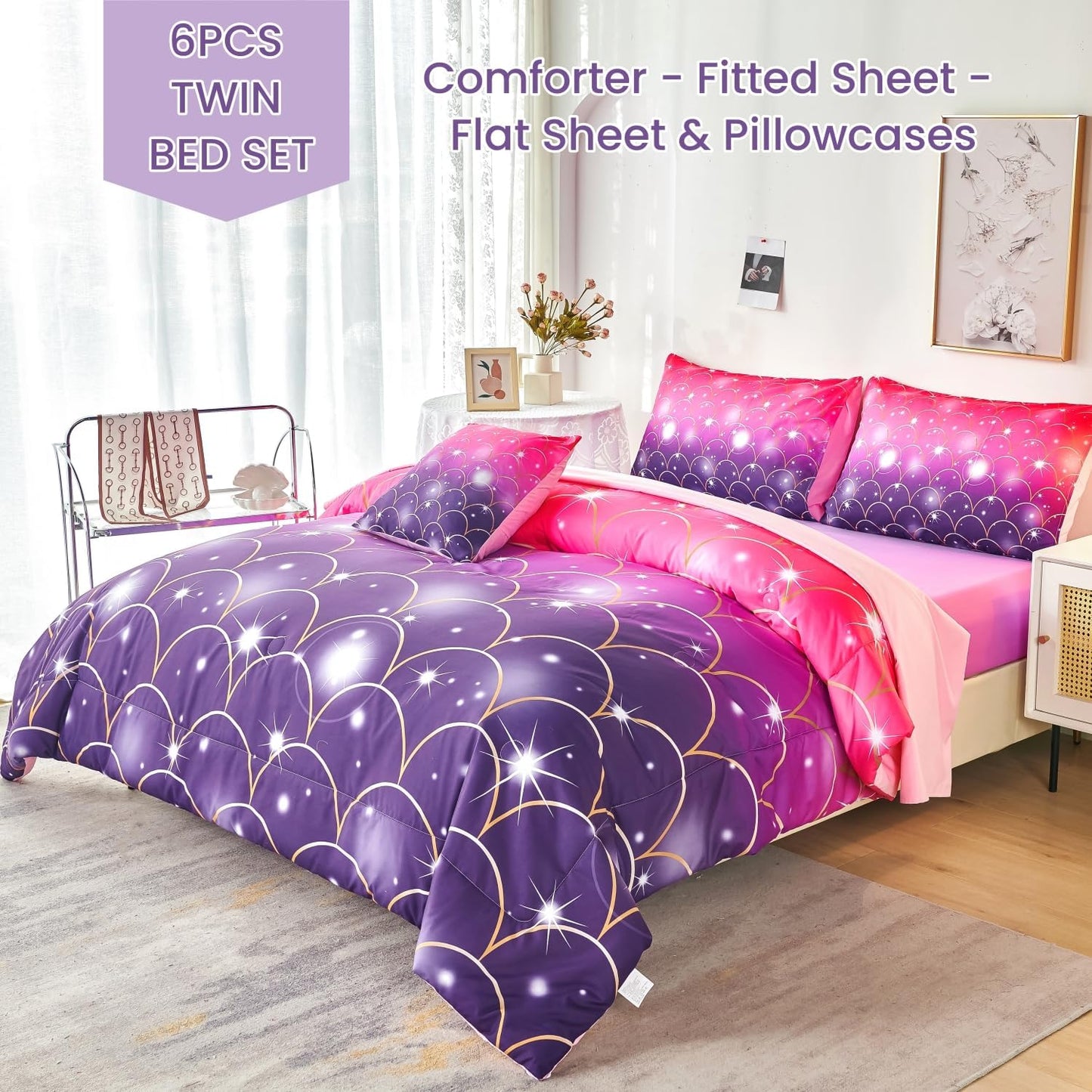 URBONUR Pink Purple Twin Comforter Set 6 Pieces Glitter Colorful Kids Girls Bedding Set (1 Comforter,1 Flat Sheet,1 Fitted Sheet,2 Pillowcases,1 Square Cover)