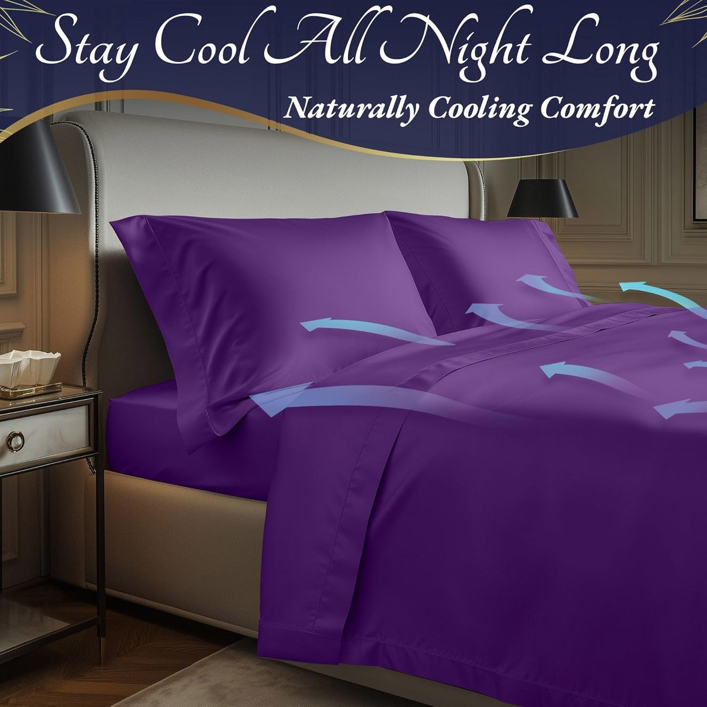 DECOLURE 100% Viscose Derived from Bamboo Sheets Cal King Size 4pcs - Ultra Soft & Luxuriously Cooling, 17" Deep Pocket, Double Stitching, Perfect for Hot Sleepers - King Bed Sheets (Purple)